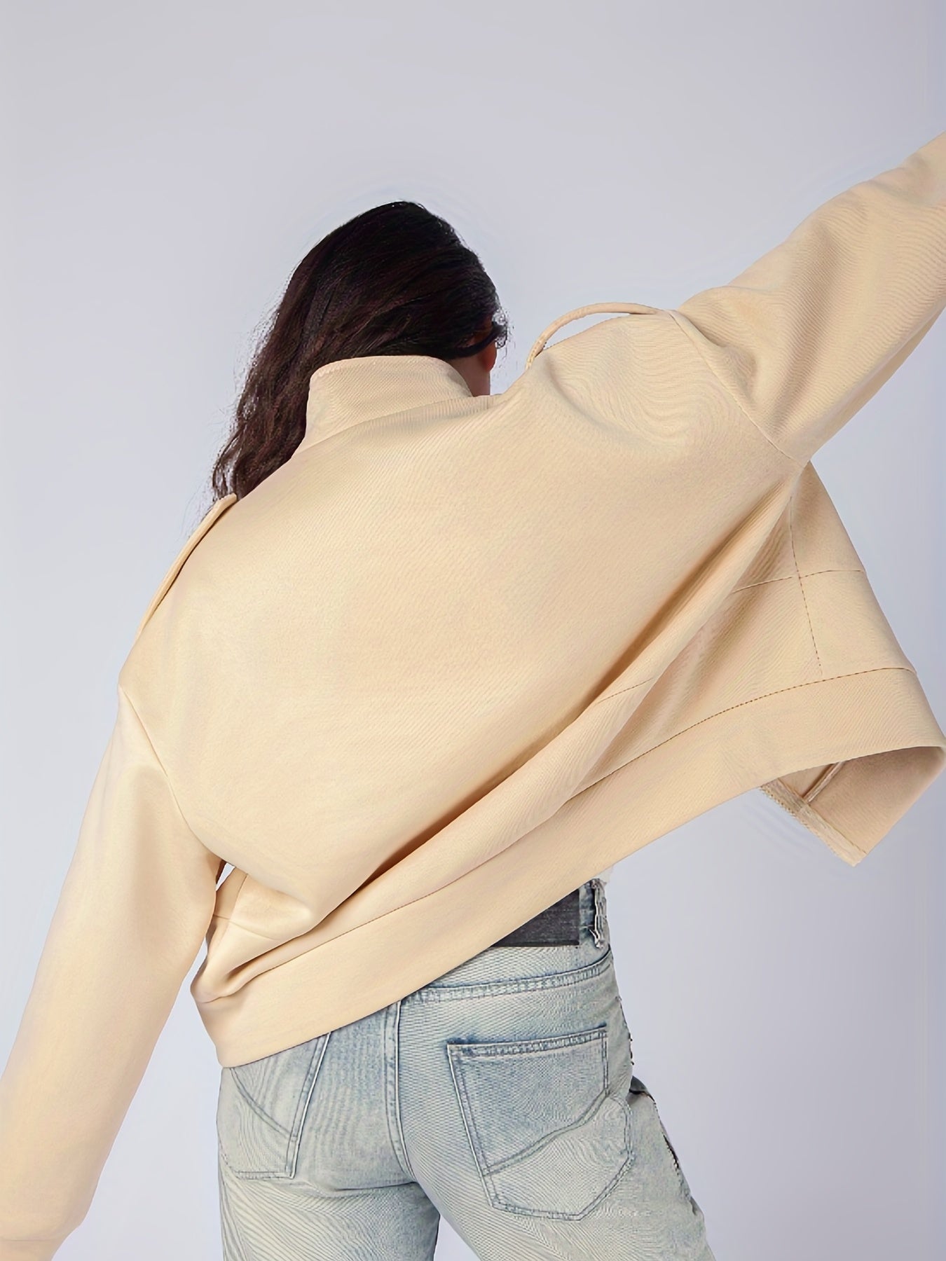 Sixsr Plus Size Casual Jacket, Women's Plus Solid Zipper Long Sleeve Mock Neck Slight Stretch Jacket