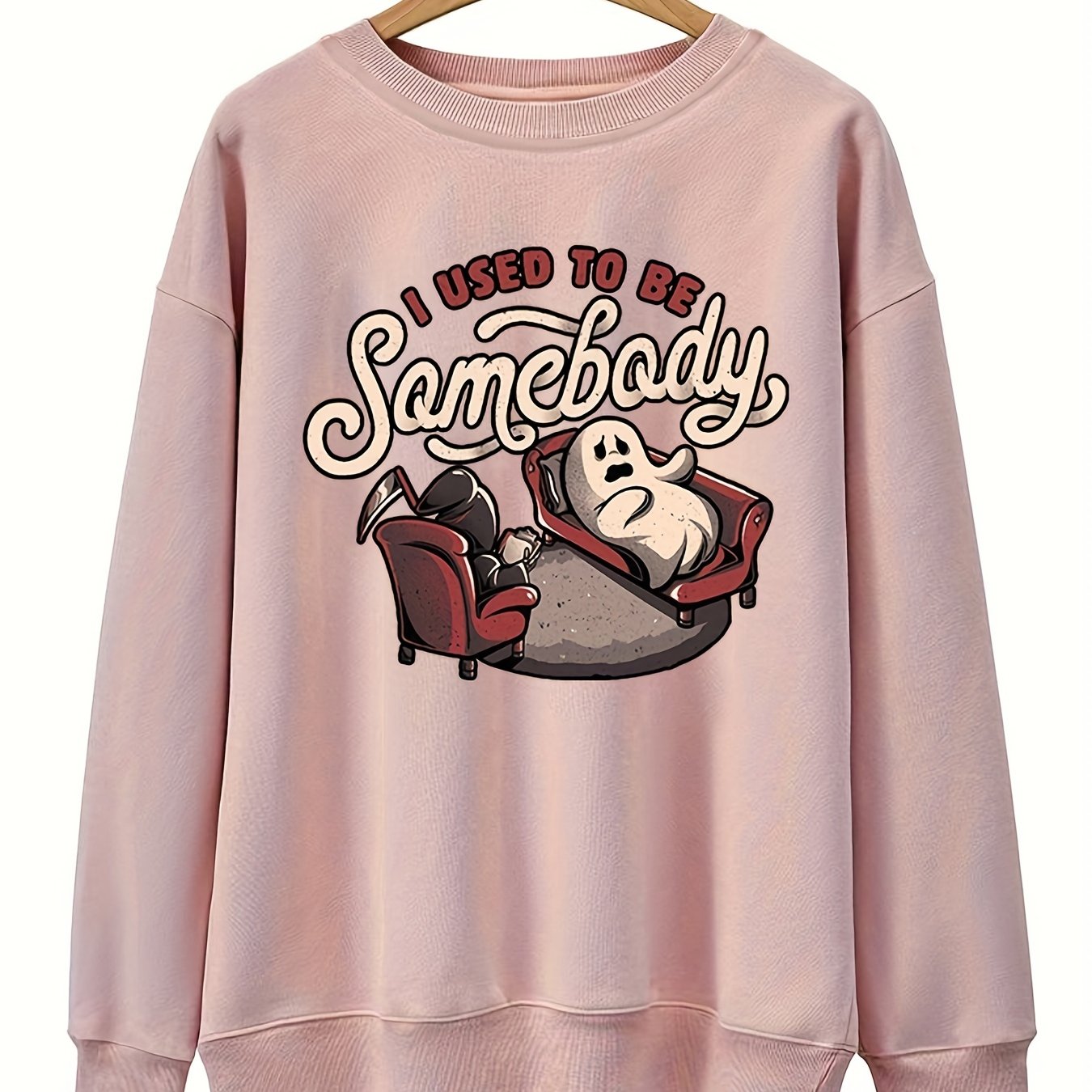 Sixsr Plus Size Halloween Sweatshirt, Women's Plus Funny Ghost & Slogan Print Long Sleeve Round Neck Slight Stretch Party Sweatshirt
