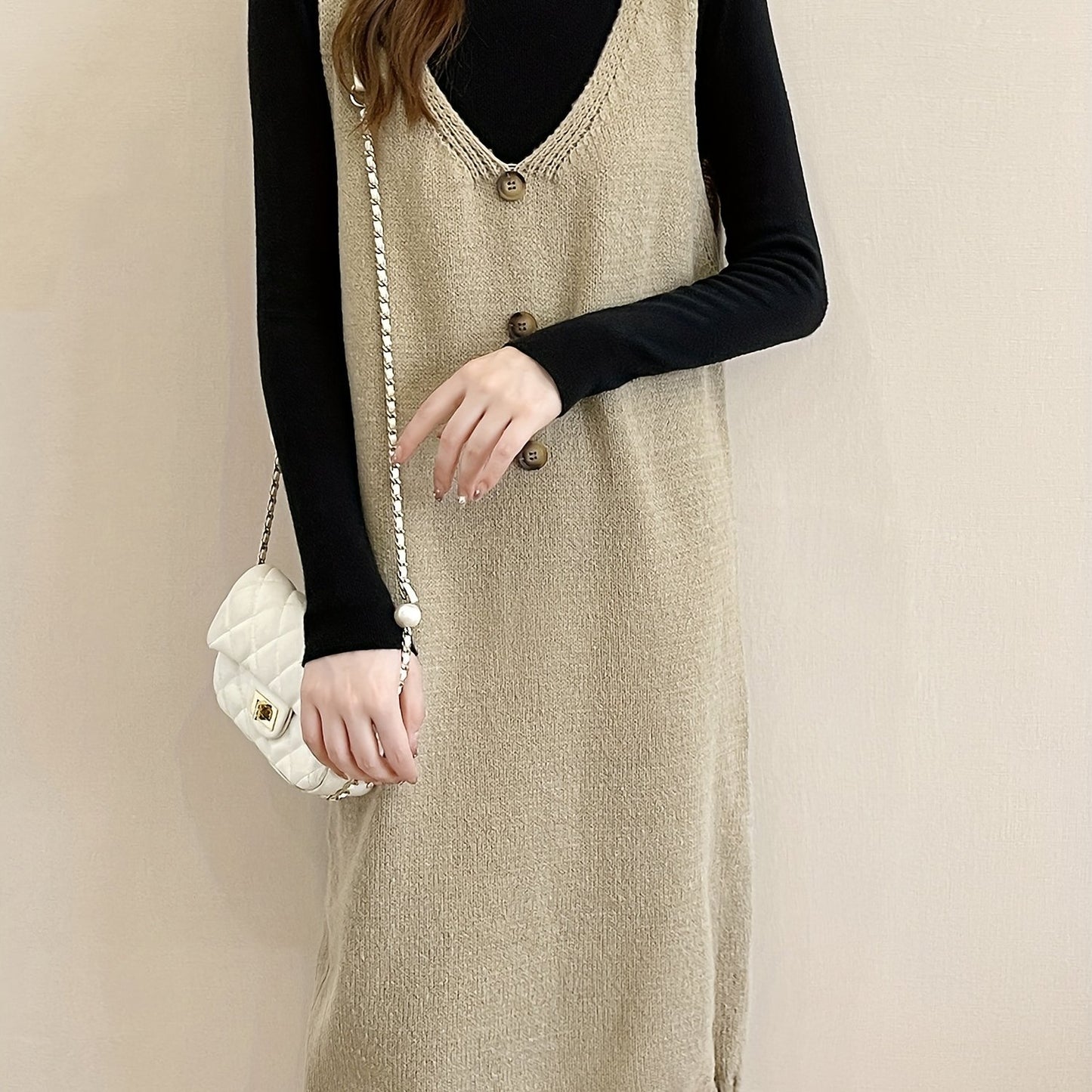 Sixsr Plunging Solid Midi Dress, Elegant Sleeveless Knitted Dress With Buttons, Women's Clothing