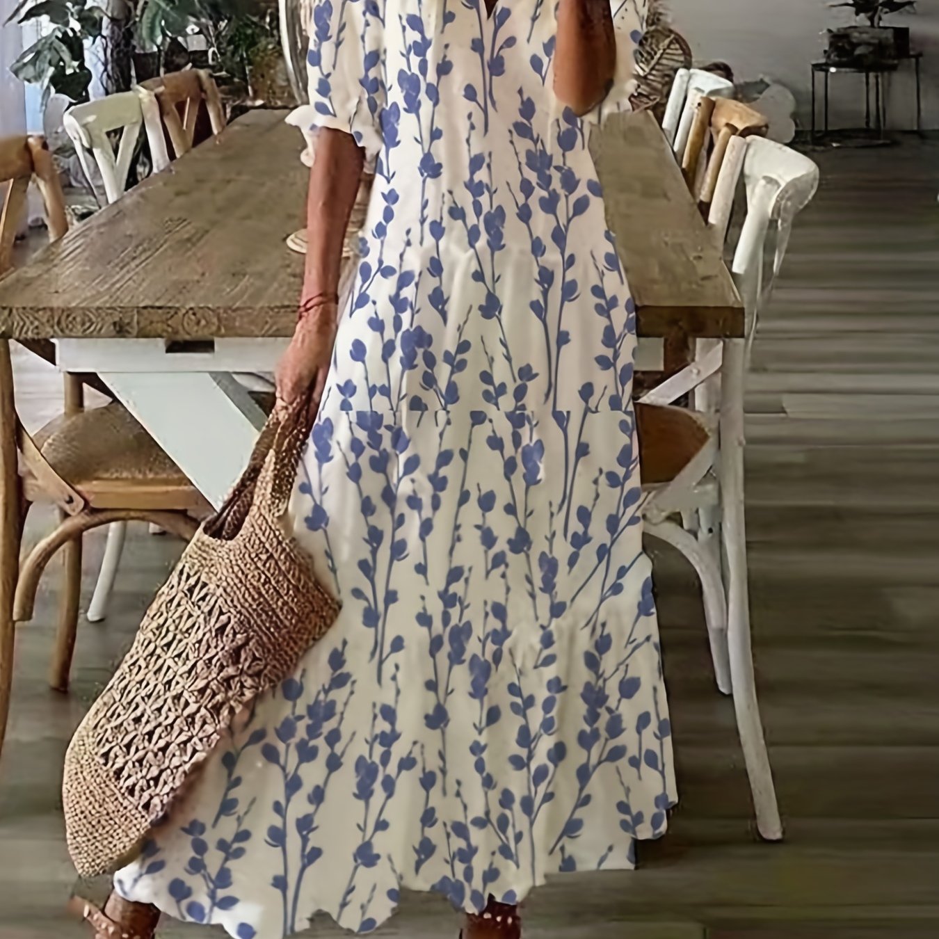 Sixsr Ikat Print Drawstring Dress, Boho Ruffle Trim V Neck Half Sleeve Summer Dress, Women's Clothing