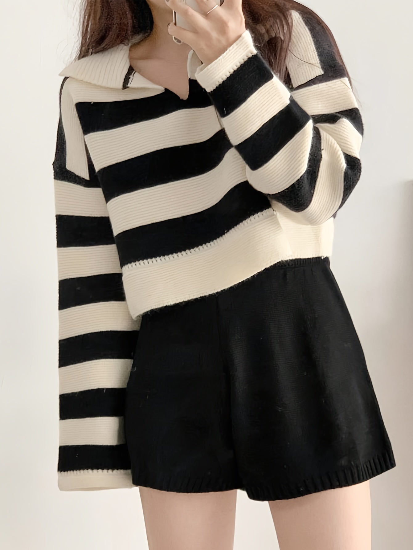 Sixsr Striped Notched Collar Pullover Sweater, Casual Long Sleeve Loose Crop Sweater, Women's Clothing