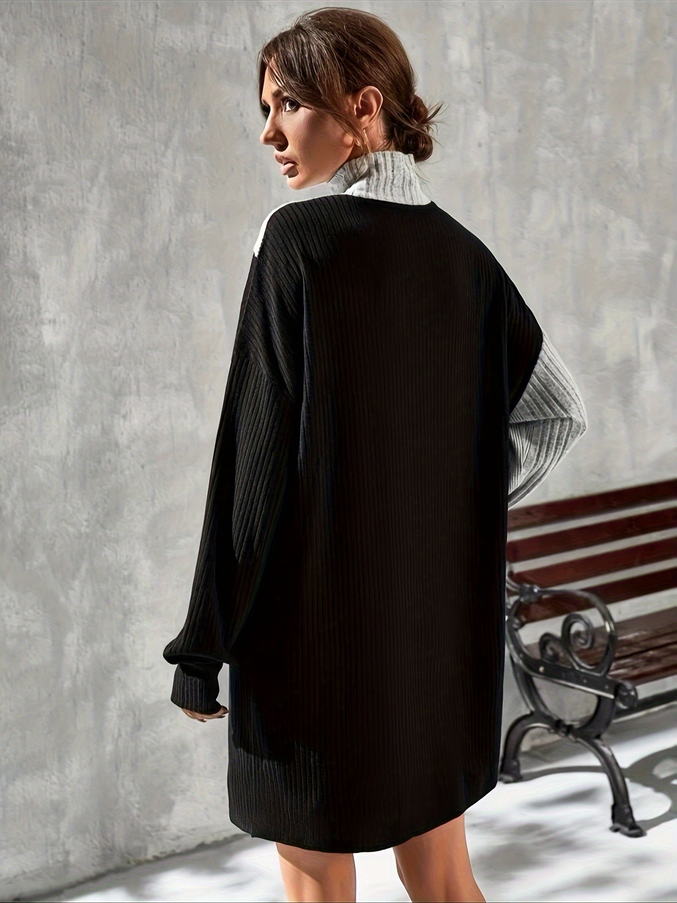 Sixsr Color Block Drop Shoulder Dress, Elegant High Neck Long Sleeve Dress, Women's Clothing