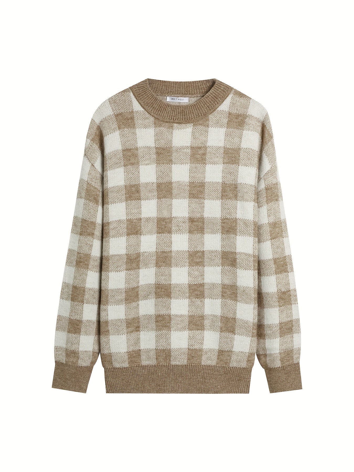 Sixsr Plaid Crew Neck Pullover Sweater, Casual Long Sleeve Sweater For Fall & Winter, Women's Clothing