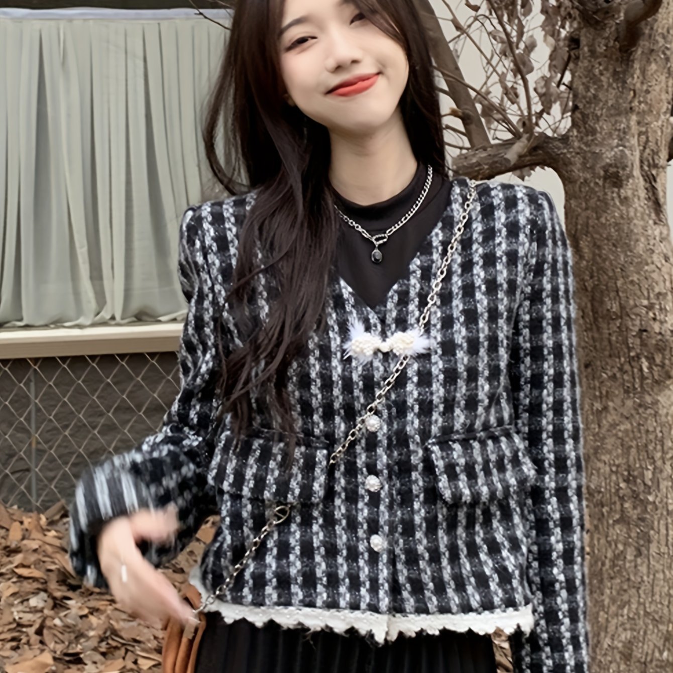 Sixsr Plaid Pattern V Neck Jacket, Casual Button Front Long Sleeve Outerwear, Women's Clothing