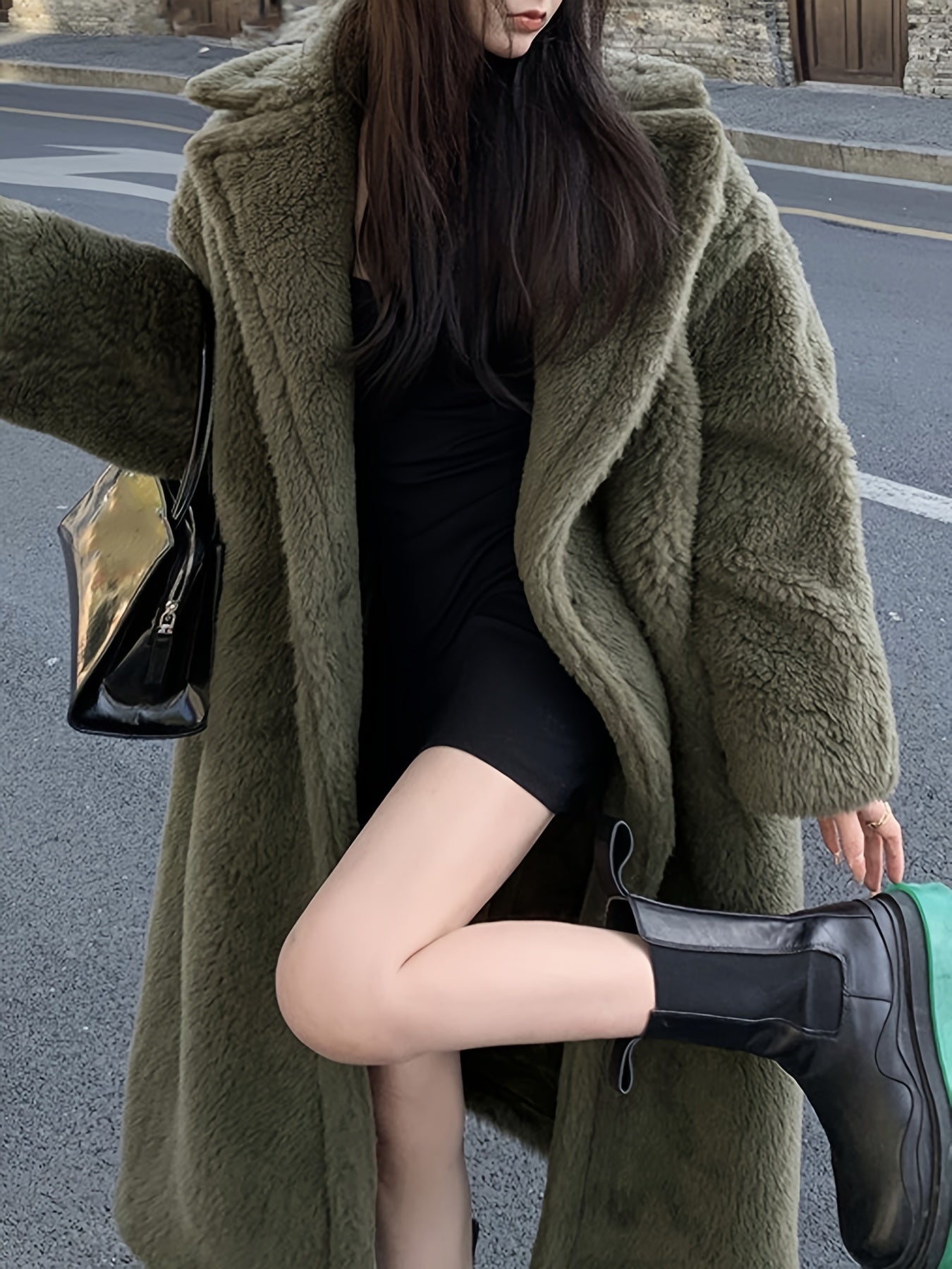 Sixsr Notched Collar Button Front Plush Coat, Casual Thermal Long Sleeve Teddy Bear Coat For Fall & Winter, Women's Clothing