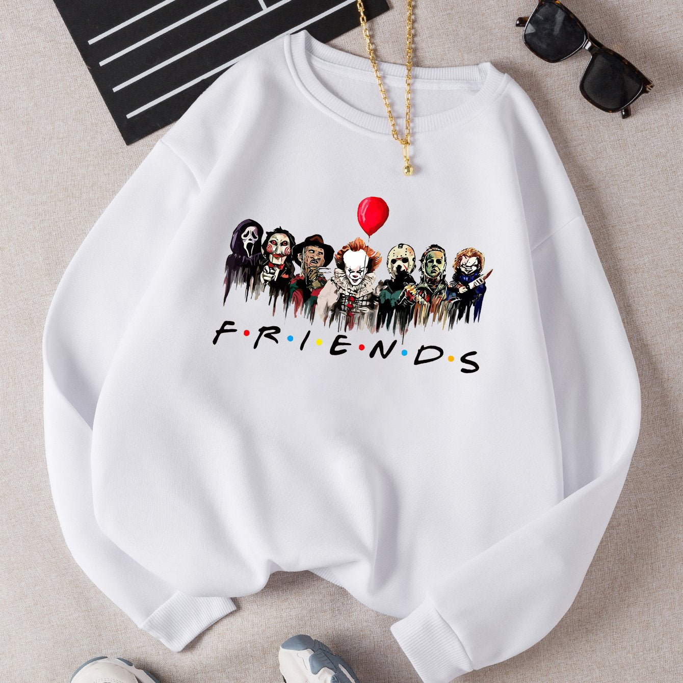 Sixsr Horror Characters Friends Graphic Print Round Neck Long Sleeve Pullover, Casual Drop Shoulder Comfy Sweatshirt, Women's Clothing