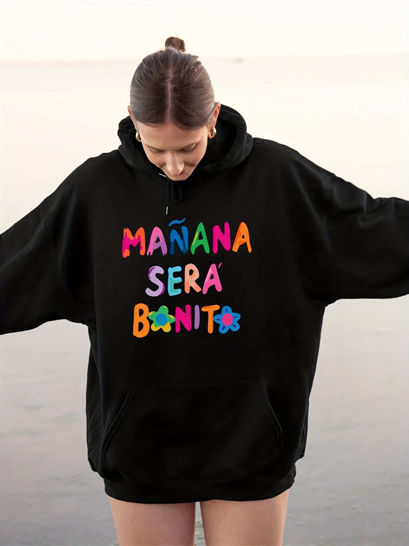 Sixsr Letter Print Hoodie, Long Sleeve Solid Casual Sweatshirt, Women's Clothing