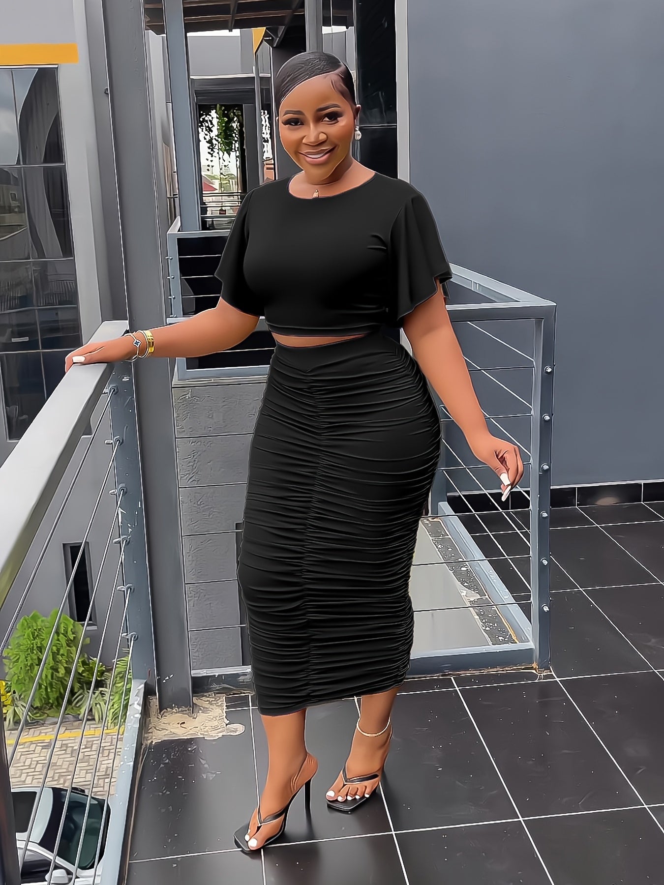 Sixsr T-shirt & Bodycon Skirts Solid Two-piece Set, Flared Sleeve Crop T-shirt & Ruched Midi Skirts, Women's Clothing