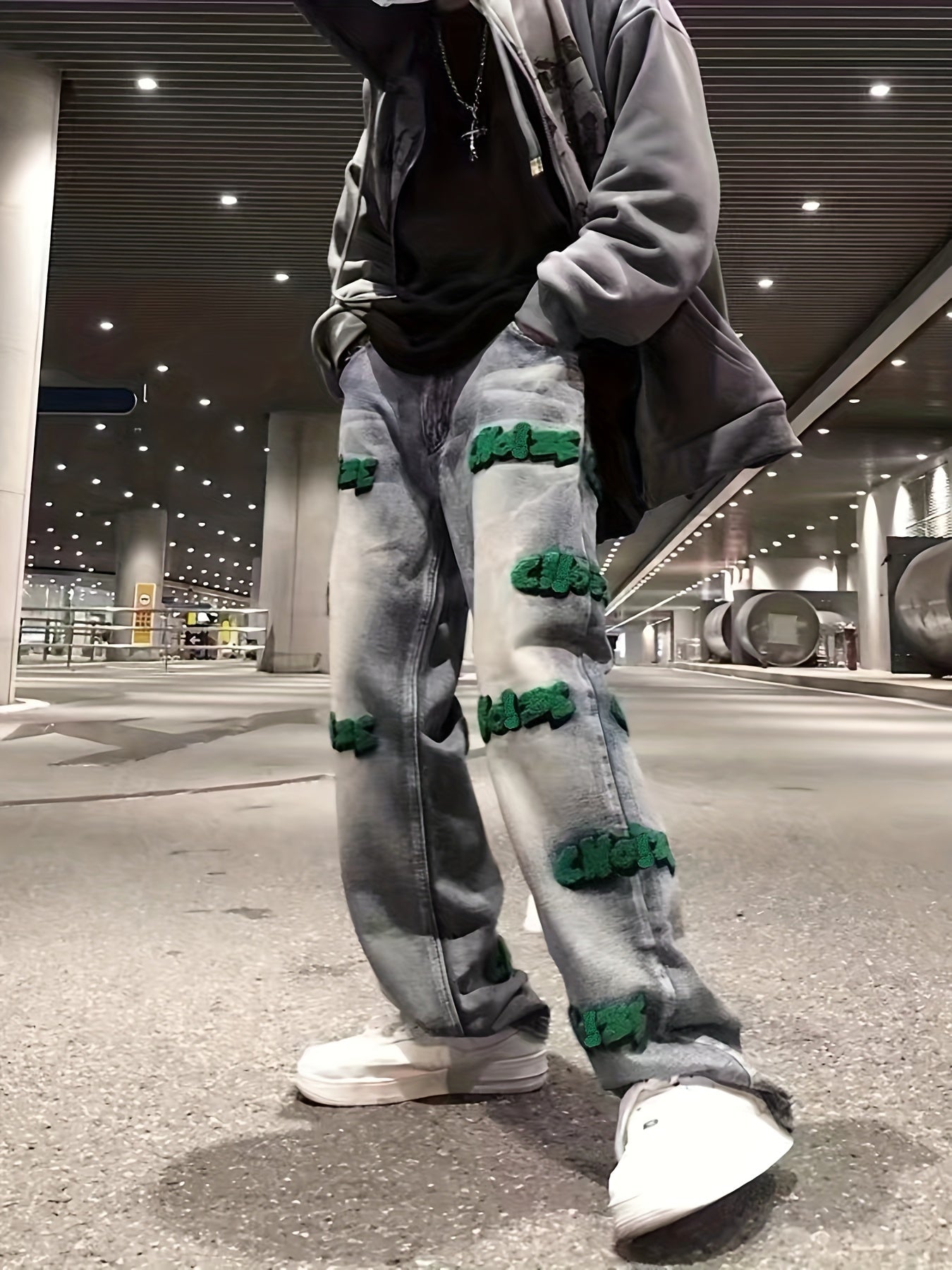 Sixsr Embroidery Cotton Baggy Jeans, Men's Casual Creative Street Style Denim Pants For Spring Summer