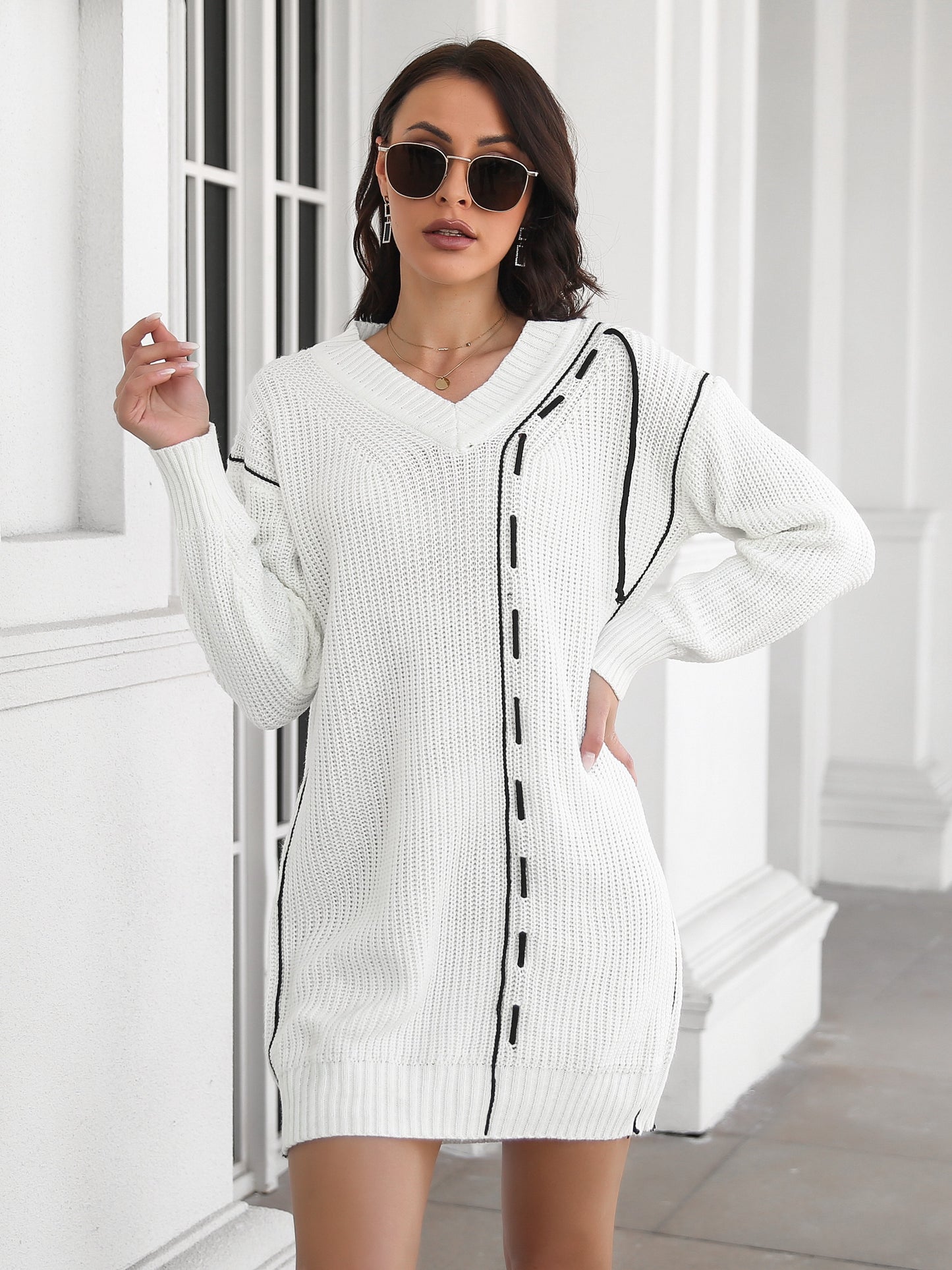 Sixsr Women's Sweater Drawstring Sweater Skirt V Neck Long Sleeve Knit Sweater Dress