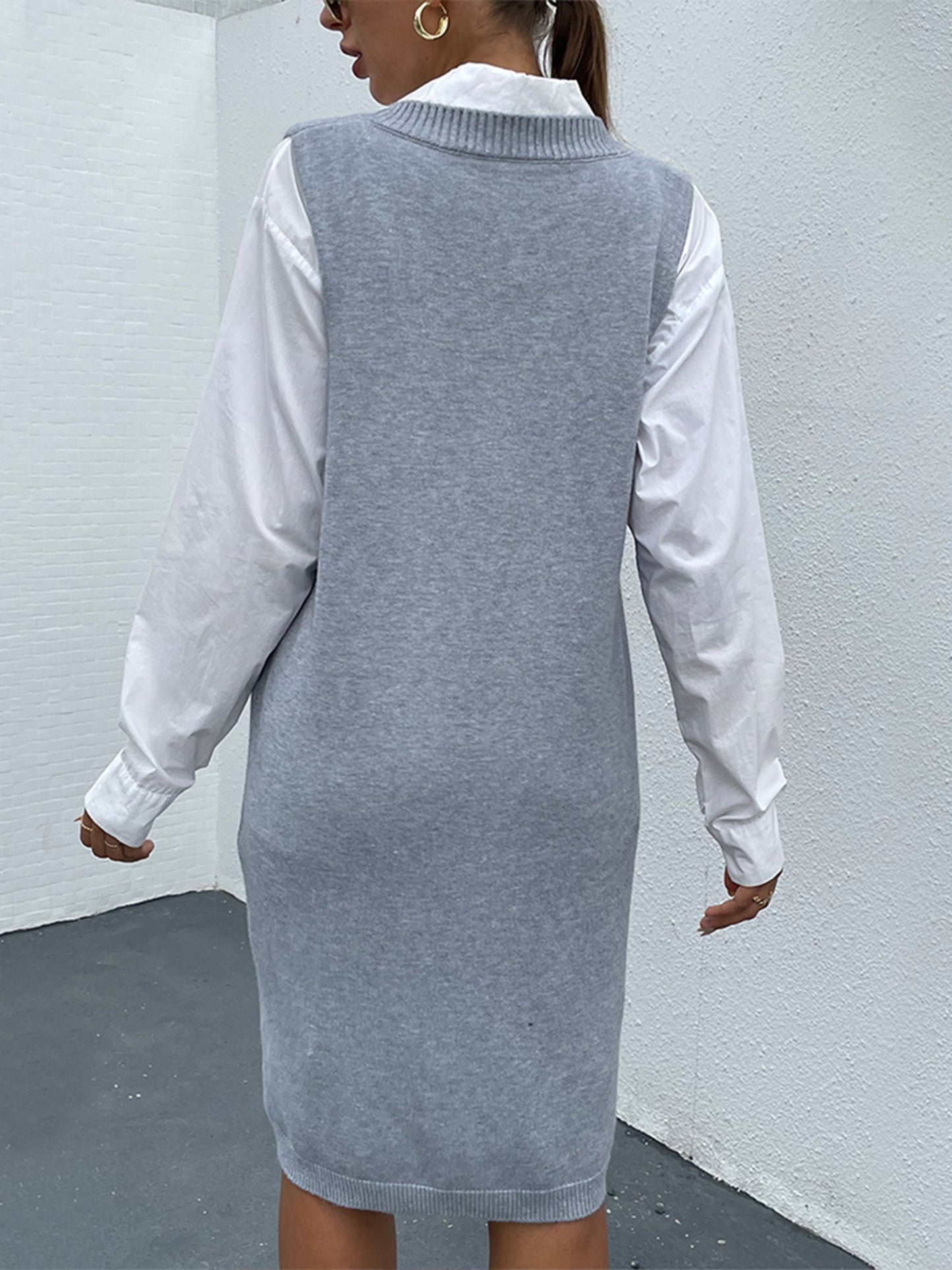 Sixsr Solid V Neck Sweater Dress Without Belt