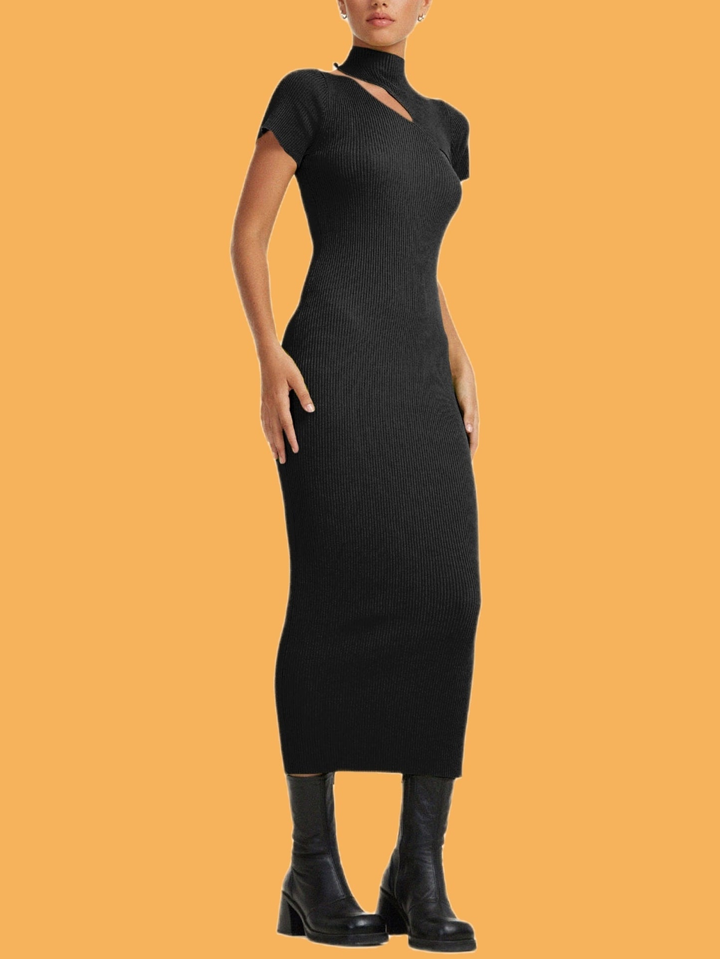 Sixsr Women's Dresses Sexy Casual Short Sleeve High Neck Hollowed Slim Fit Solid Bodycon Long Dress