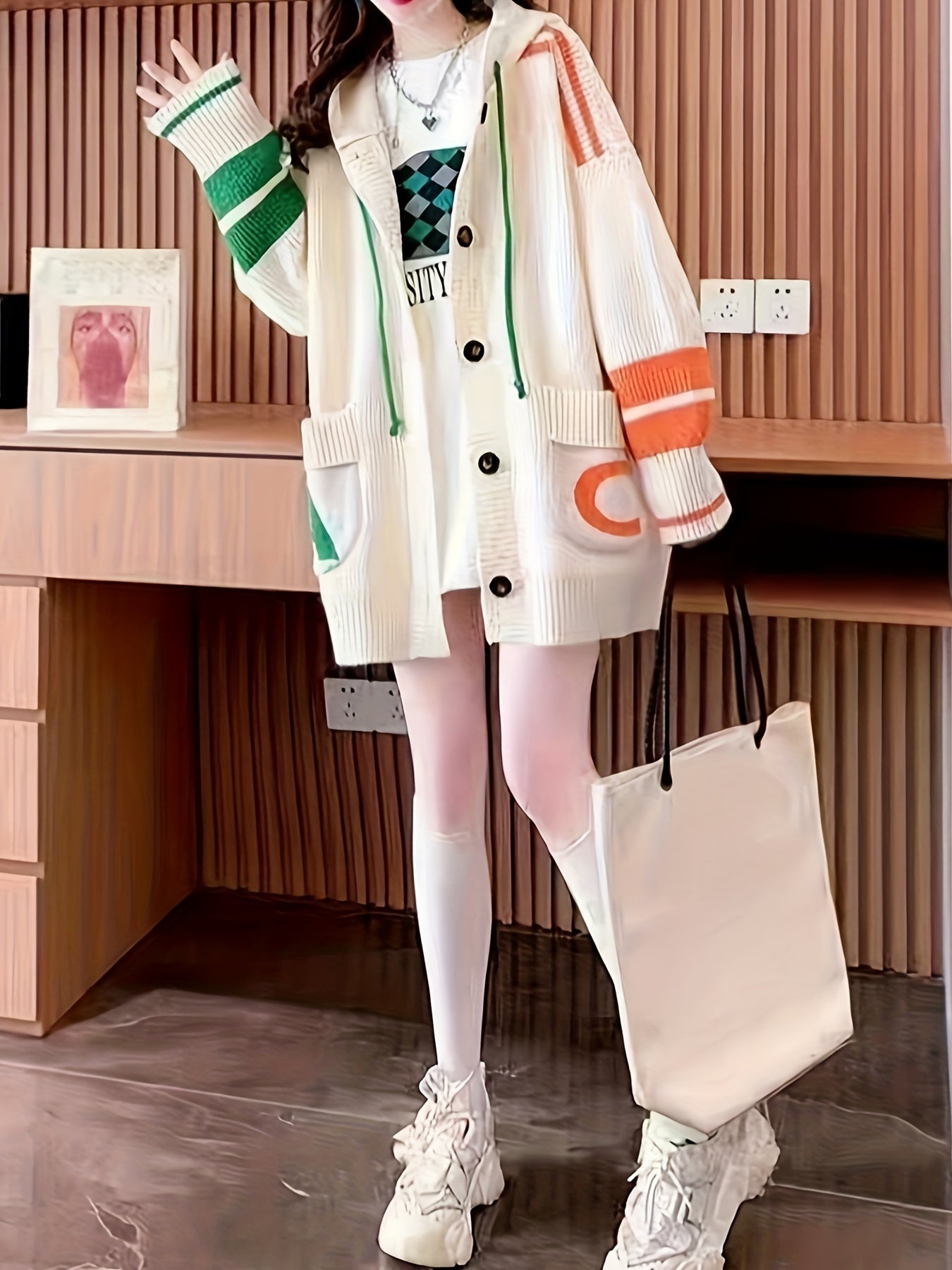 Color Block Knit Drawstring Hooded Cardigan, Casual Long Sleeve Loose Outwear With Pocket, Women's Clothing