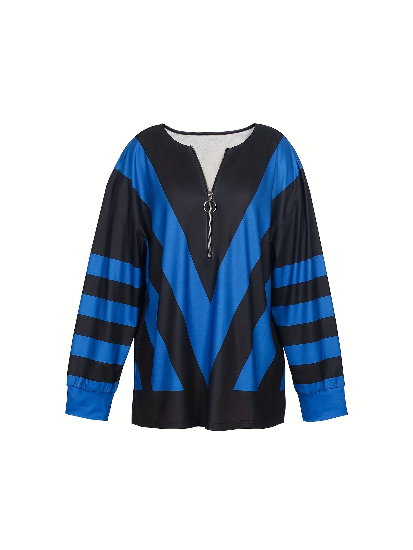Sixsr Plus Size Casual Top, Women's Plus Colorblock Stripe Print Zipper Long Sleeve Round Neck Slight Stretch Top