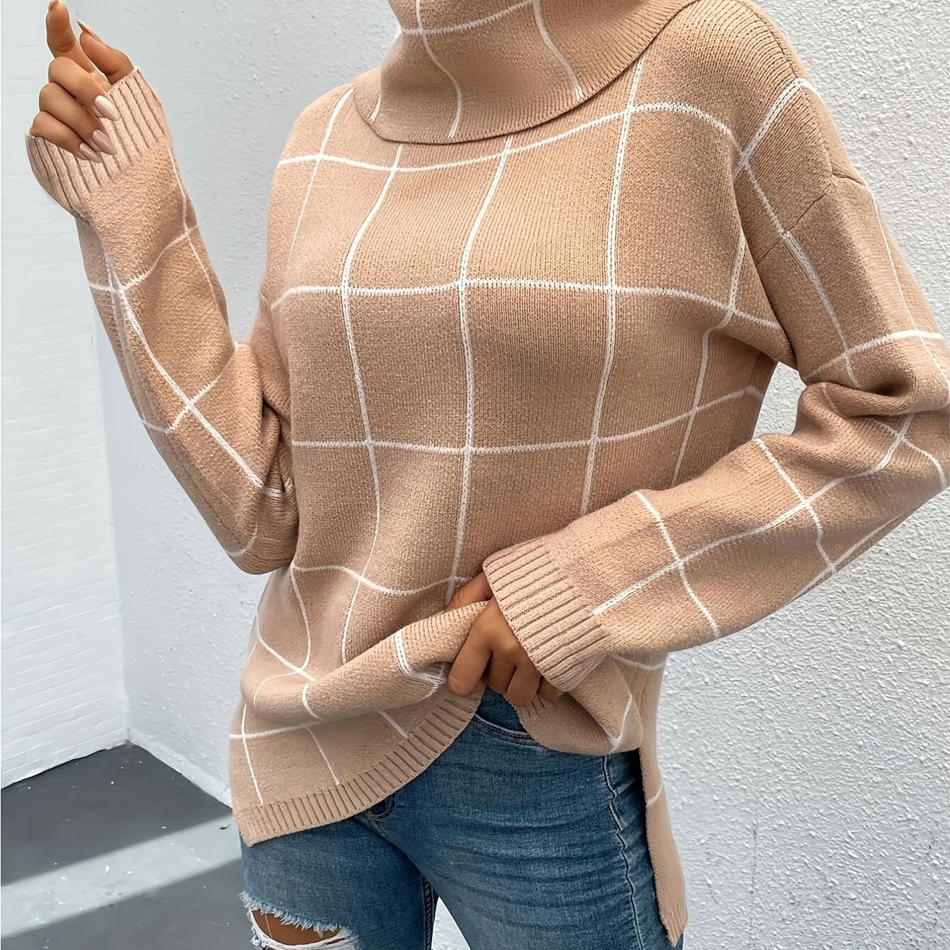 Sixsr Plaid Pattern Turtleneck Knitted Pullover Top, Casual Long Sleeve Sweater For Fall & Winter, Women's Clothing