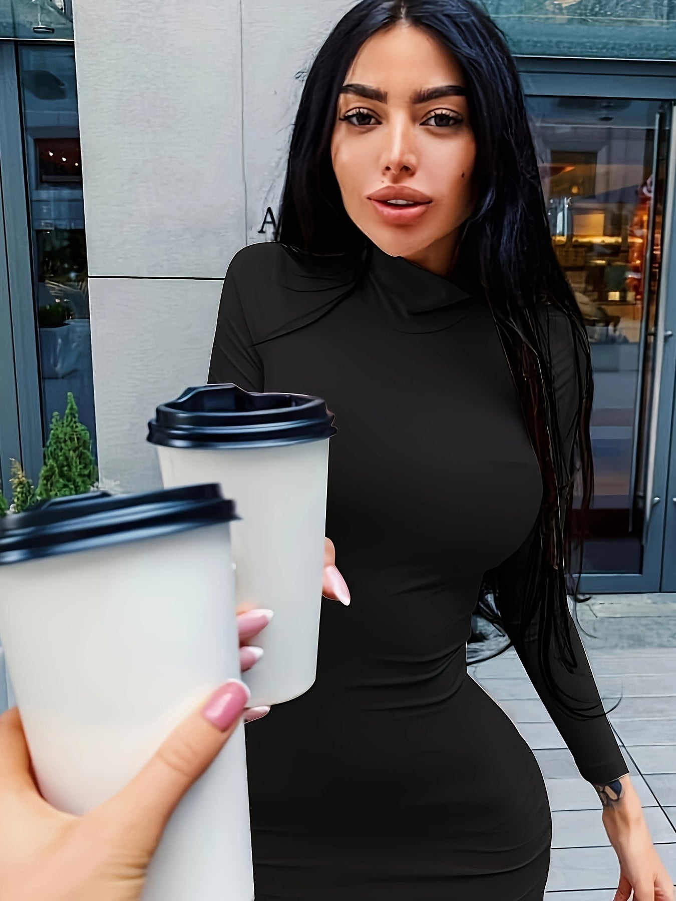 Sixsr Solid Slim Mock Neck Dress, Casual Long Sleeve Bodycon Dress, Women's Clothing