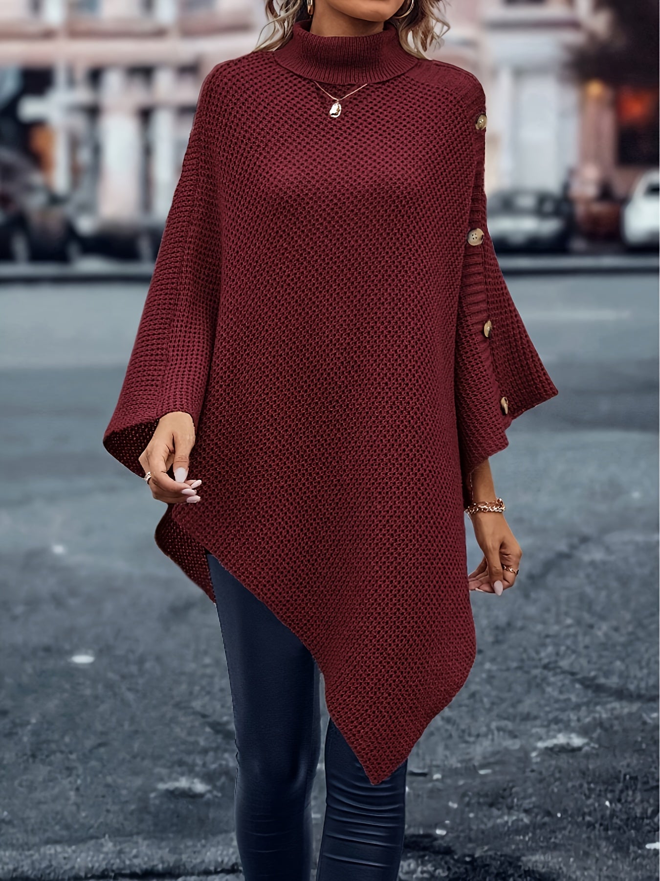 Sixsr Solid Cape Knit Sweater, Elegant Turtleneck Asymmetrical Hem Sweater, Women's Clothing