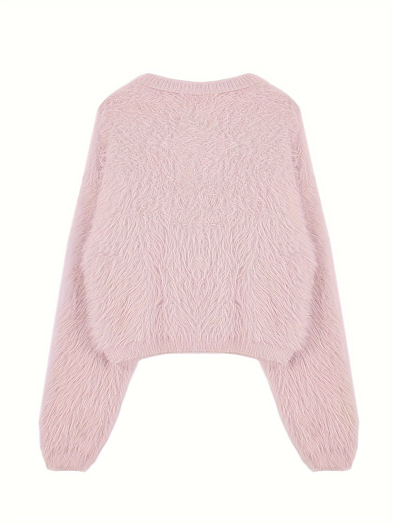 Sixsr Solid Color Faux Fur Crew Neck Sweater, Chic Long Sleeve Sweater For Fall & Winter, Women's Clothing