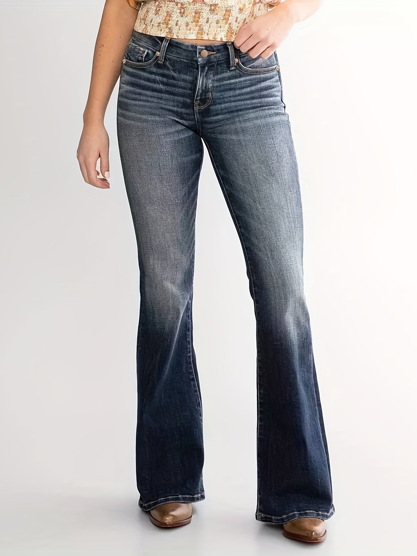 Sixsr Double Button Whiskering Flare Leg Jeans, Mid Waist Retro Faded Watter Tipple Embossed Denim Pants, Women's Denim Jeans & Clothing