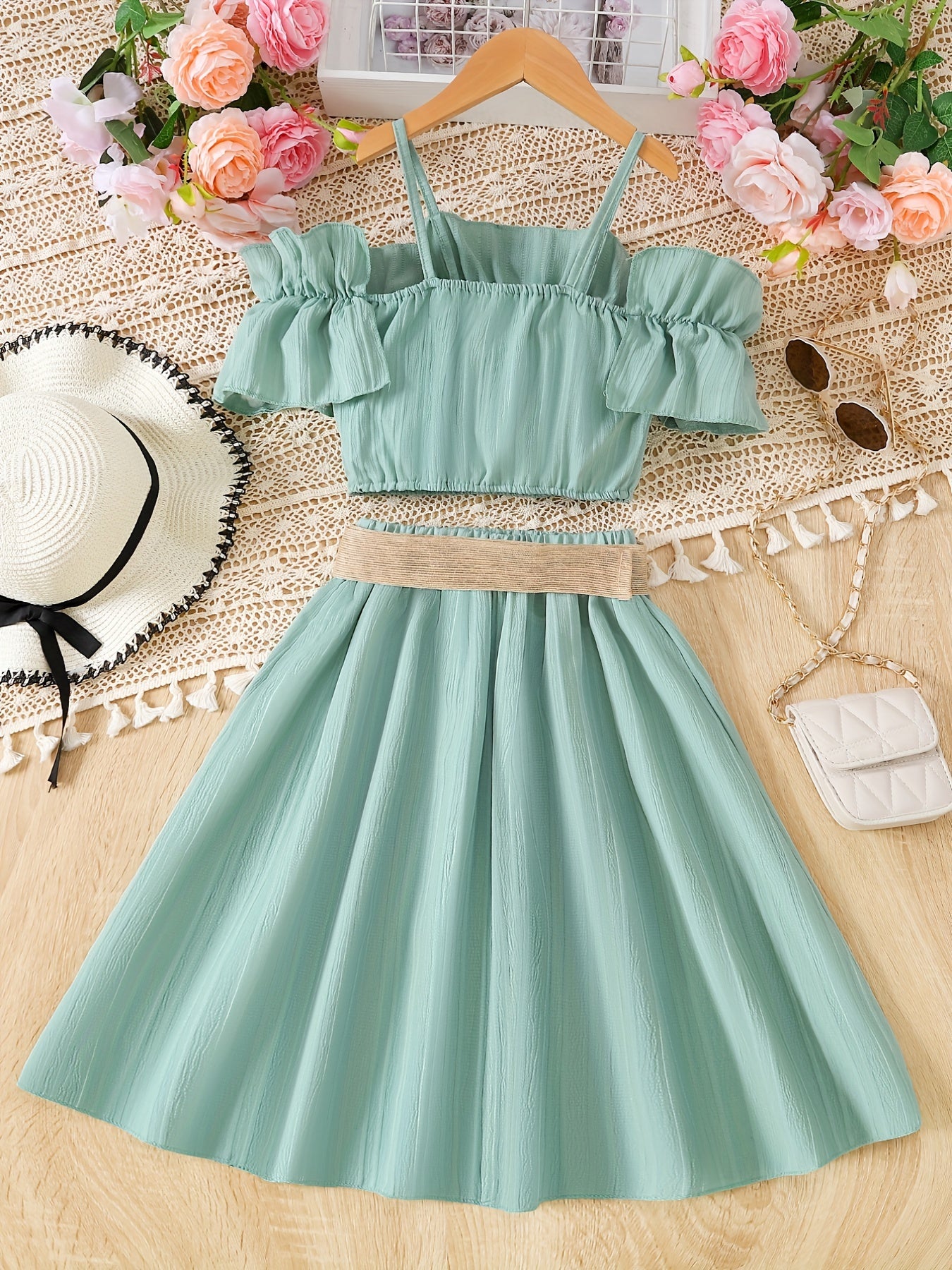 Girl's Elegant 2pcs, Off-shoulder Ruffle Camisole & Flared Skirt Set, Solid Color Casual Outfits, Kids Clothes For Summer
