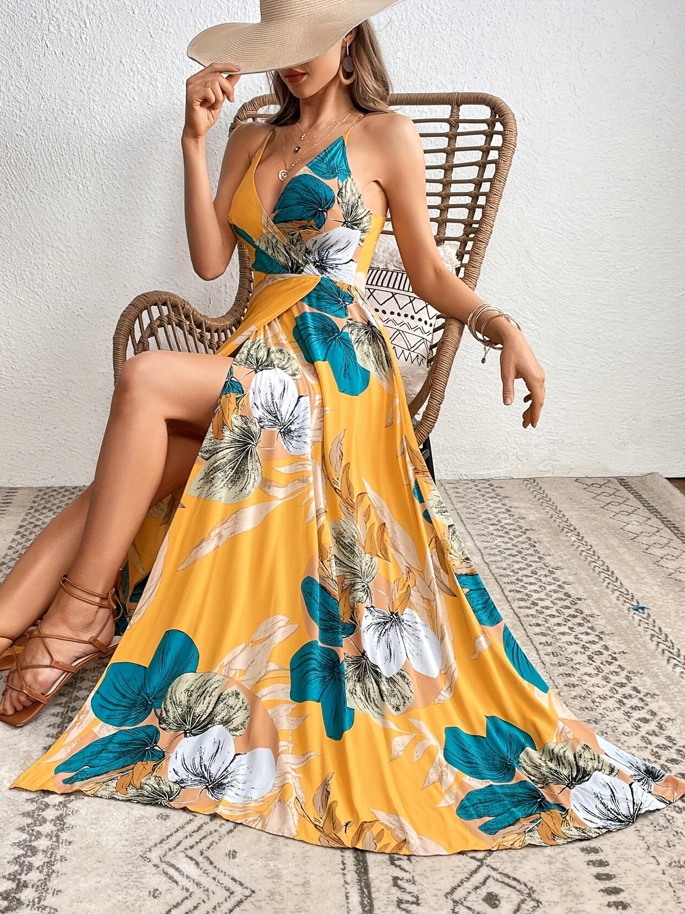 Floral Print Split Thigh Backless Cami Dress, Elegant Sleeveless V-neck Dress, Women's Clothing