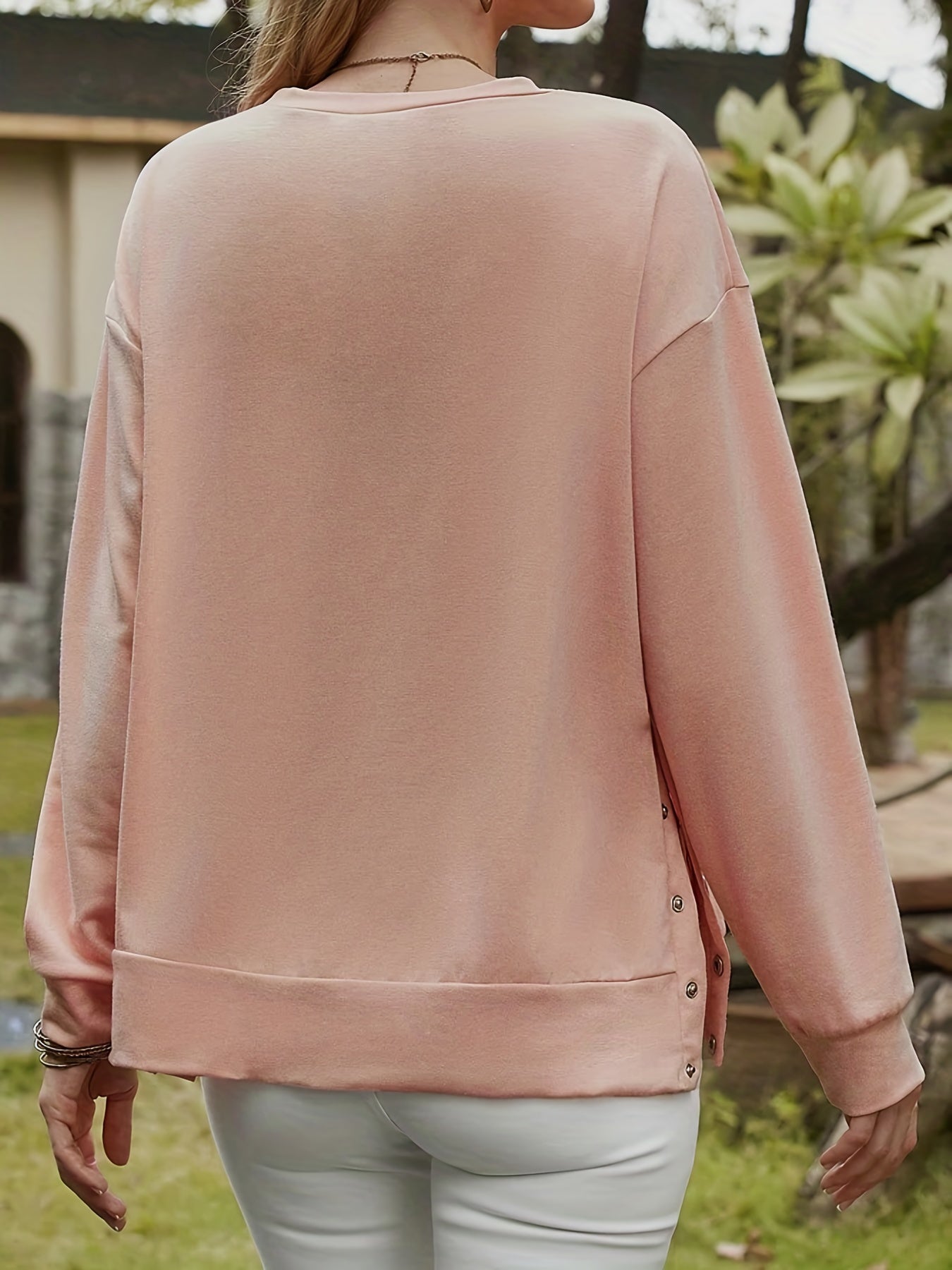 Sixsr Plus Size Casual Sweatshirt, Women's Plus Solid Long Sleeve Round Neck Medium Stretch Button Side Sweatshirt