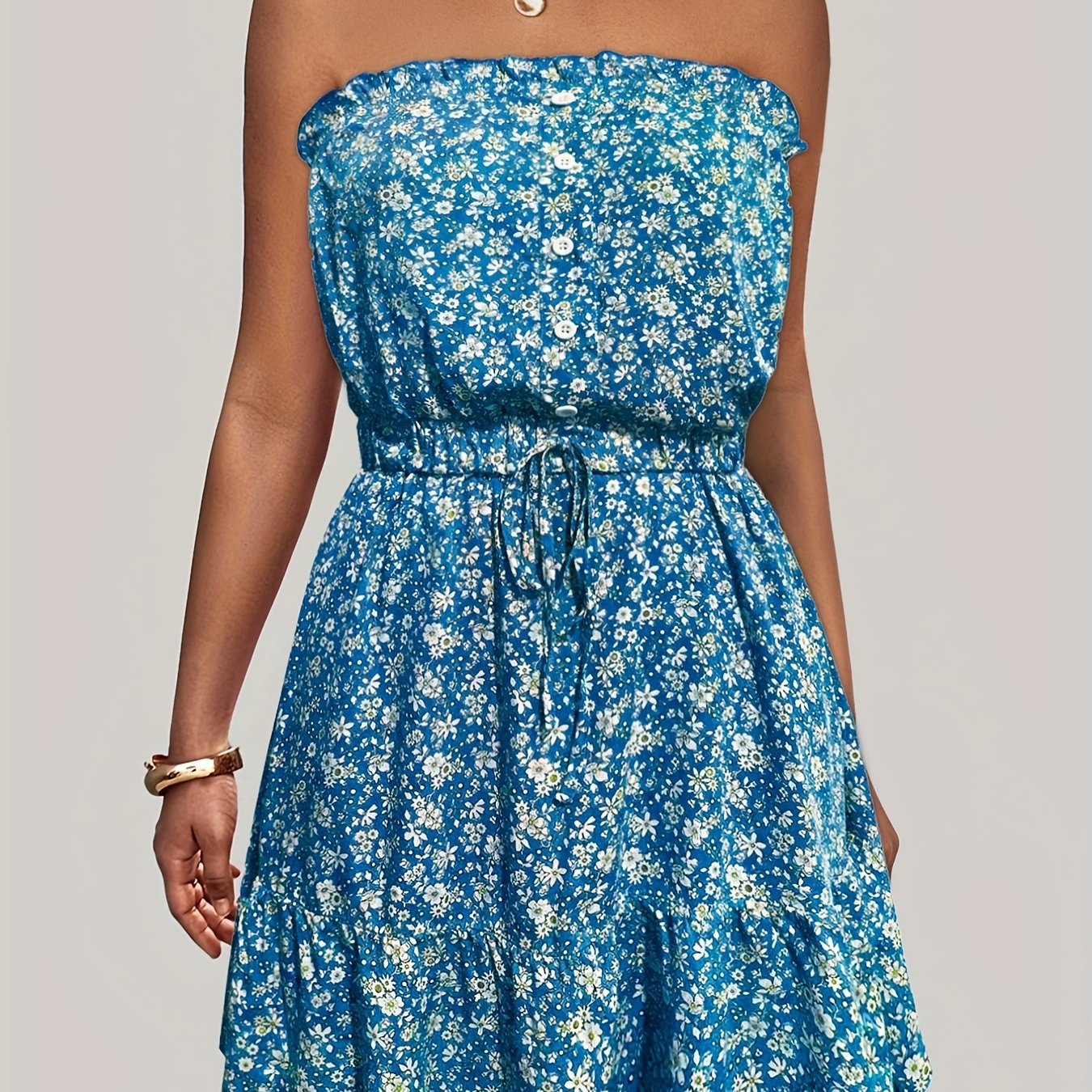 Sixsr Ditsy Floral Off Shoulder Dress, Sexy Sleeveless Drawstring Summer Dress, Women's Clothing