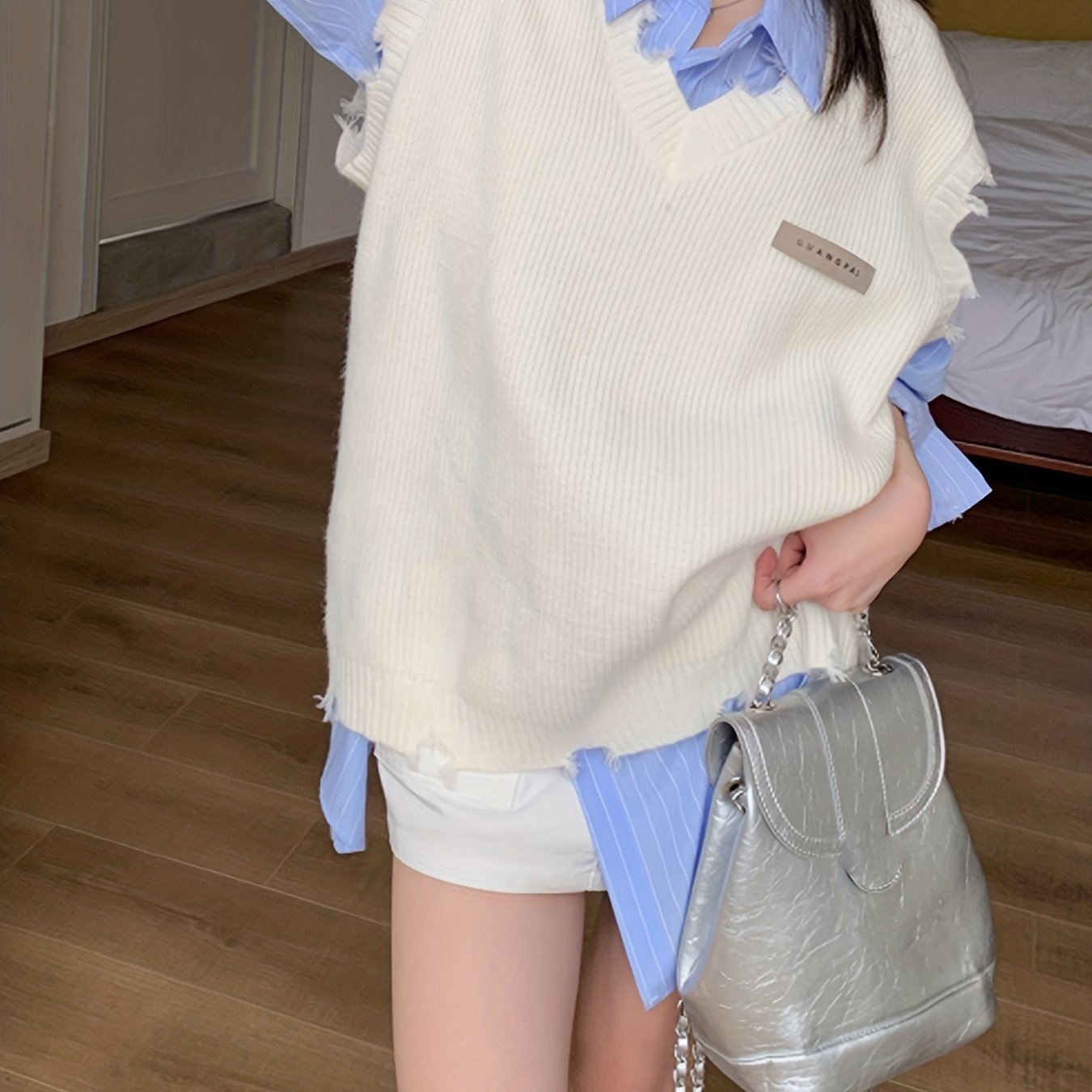 Sixsr Oversized Ripped V Neck Sweater Vest, Casual Sleeveless Ram Hem Sweater, Women's Clothing