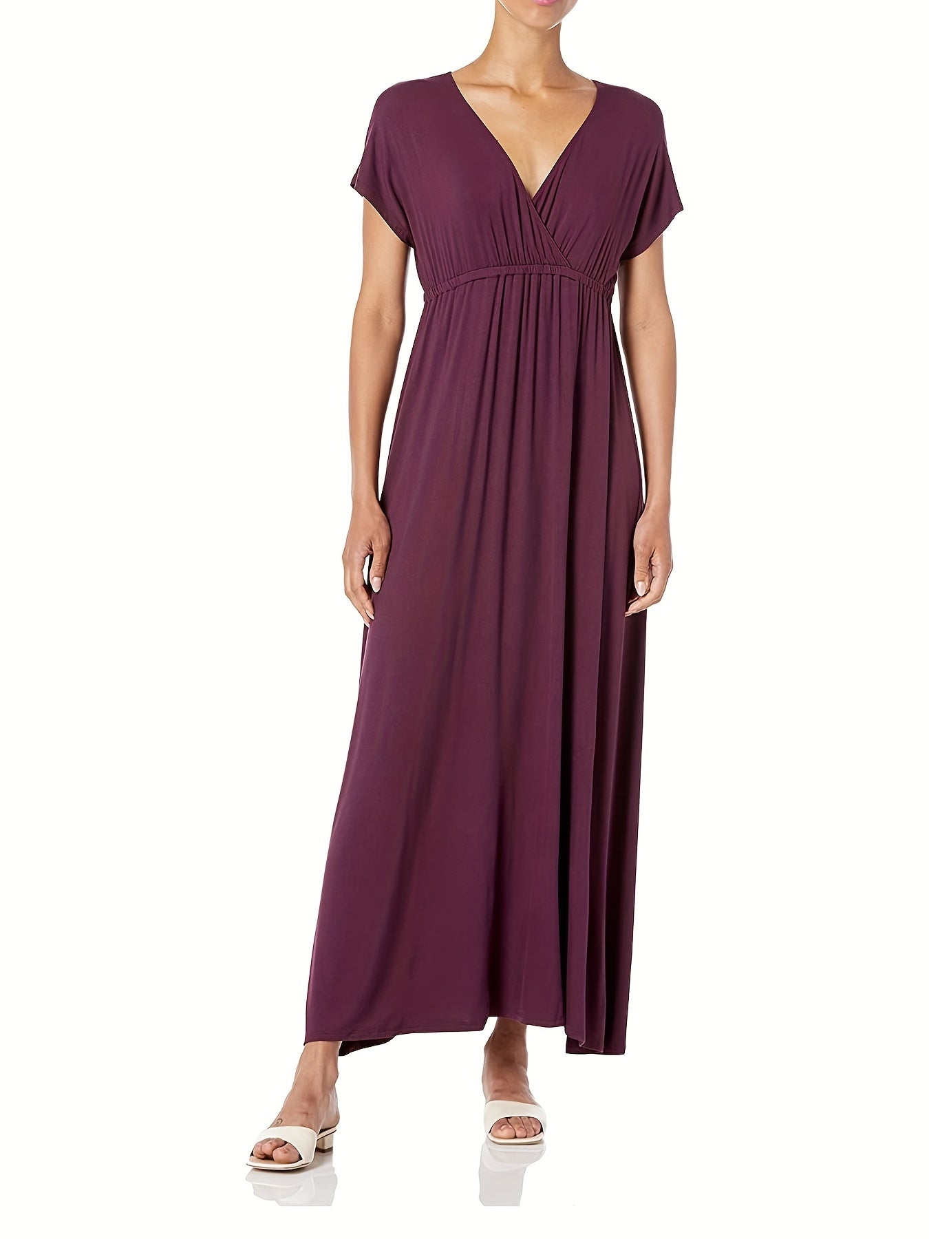 Sixsr Plus Size Casual Dress, Women's Plus Solid Bat Sleeve Surplice Neck Nipped Waist Ruched Medium Stretch Maxi Dress