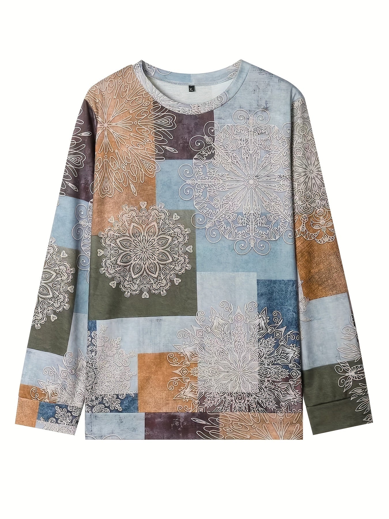Sixsr Plus Size Casual Sweatshirt, Women's Plus Colorblock Mandala Print Long Sleeve Round Neck Sweatshirt
