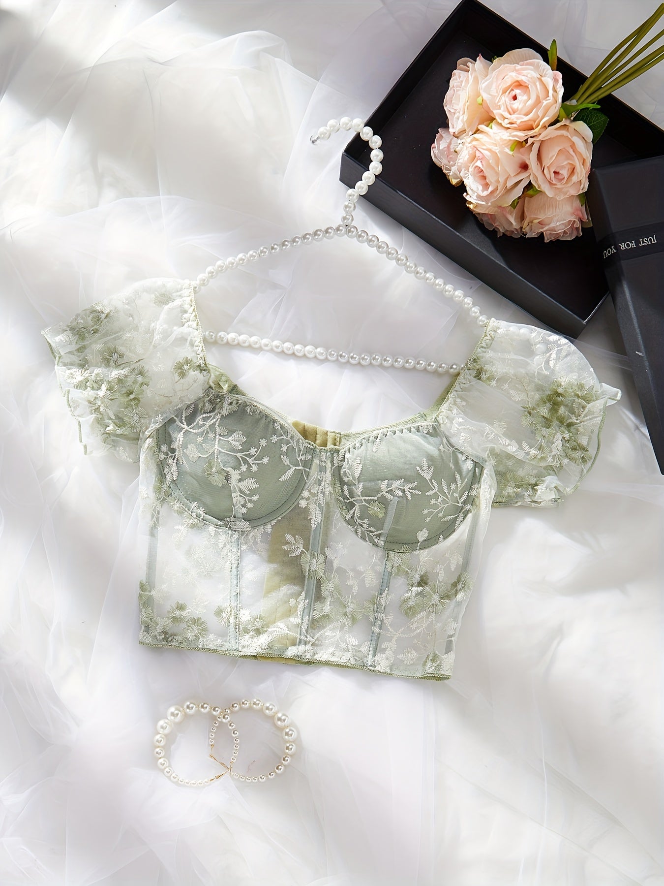 Sixsr Hot Floral Embroidery Bustier, Puff Sleeve Fishbone Bustier, Women's Sexy Lingerie & Underwear
