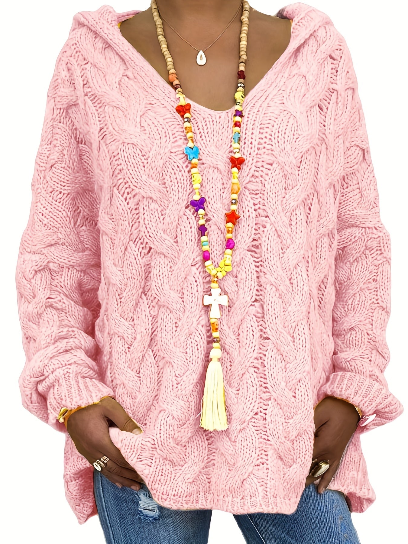Sixsr Plus Size Casual Sweater, Women's Plus Solid Hooded Long Sleeve V Neck Knitted Pullover Jumper Top