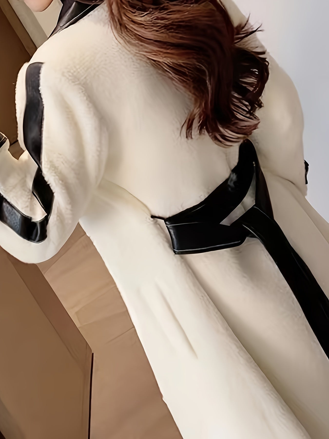Sixsr Color Block Lapel Collar Belted Coat, Elegant Long Sleeve Plush Warm Outerwear, Women's Clothing
