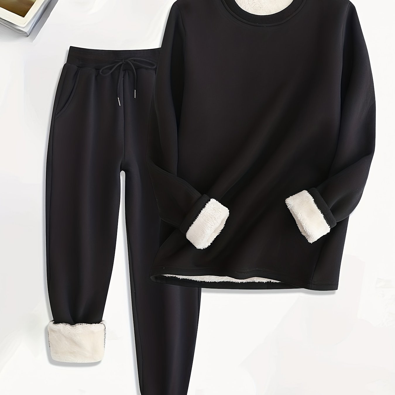 Sixsr Solid Fleece Two-piece Set, Casual Long Sleeve Sweatshirt & Drawstring Jogger Pants Outfits, Women's Clothing