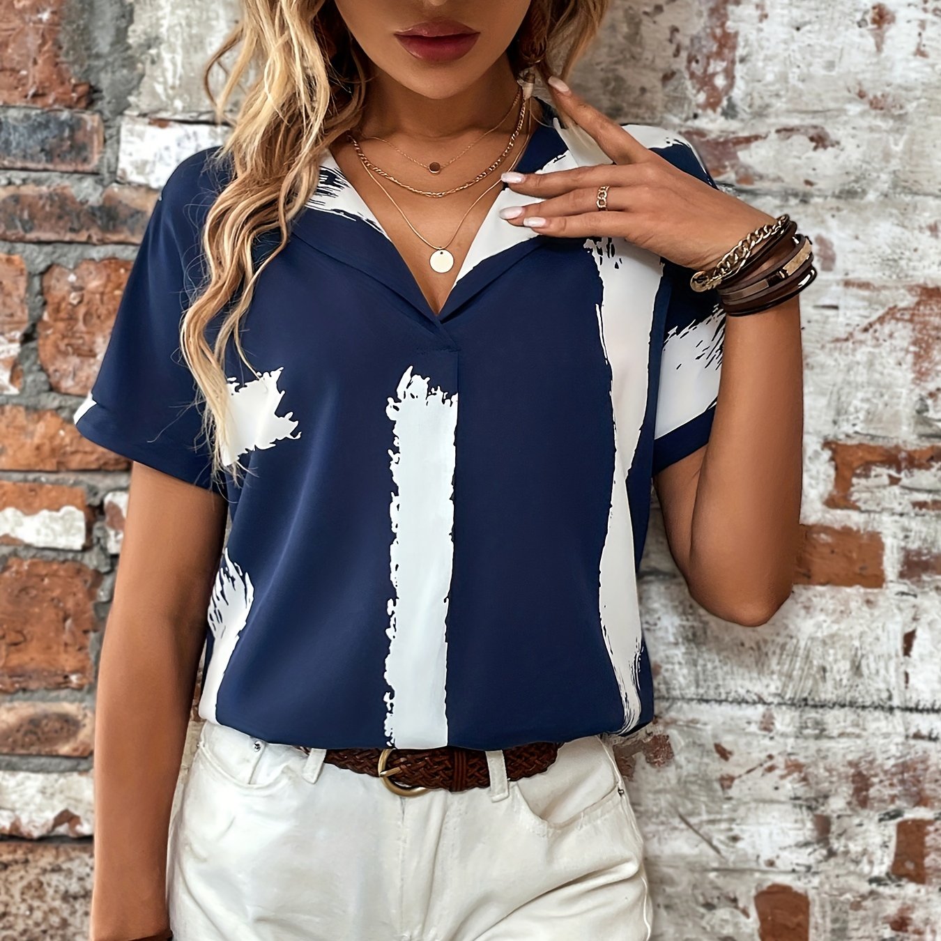 Sixsr Brush Print Loose Blouses, Casual V-neck Batwing Sleeve Shirts Tops, Women's Clothing