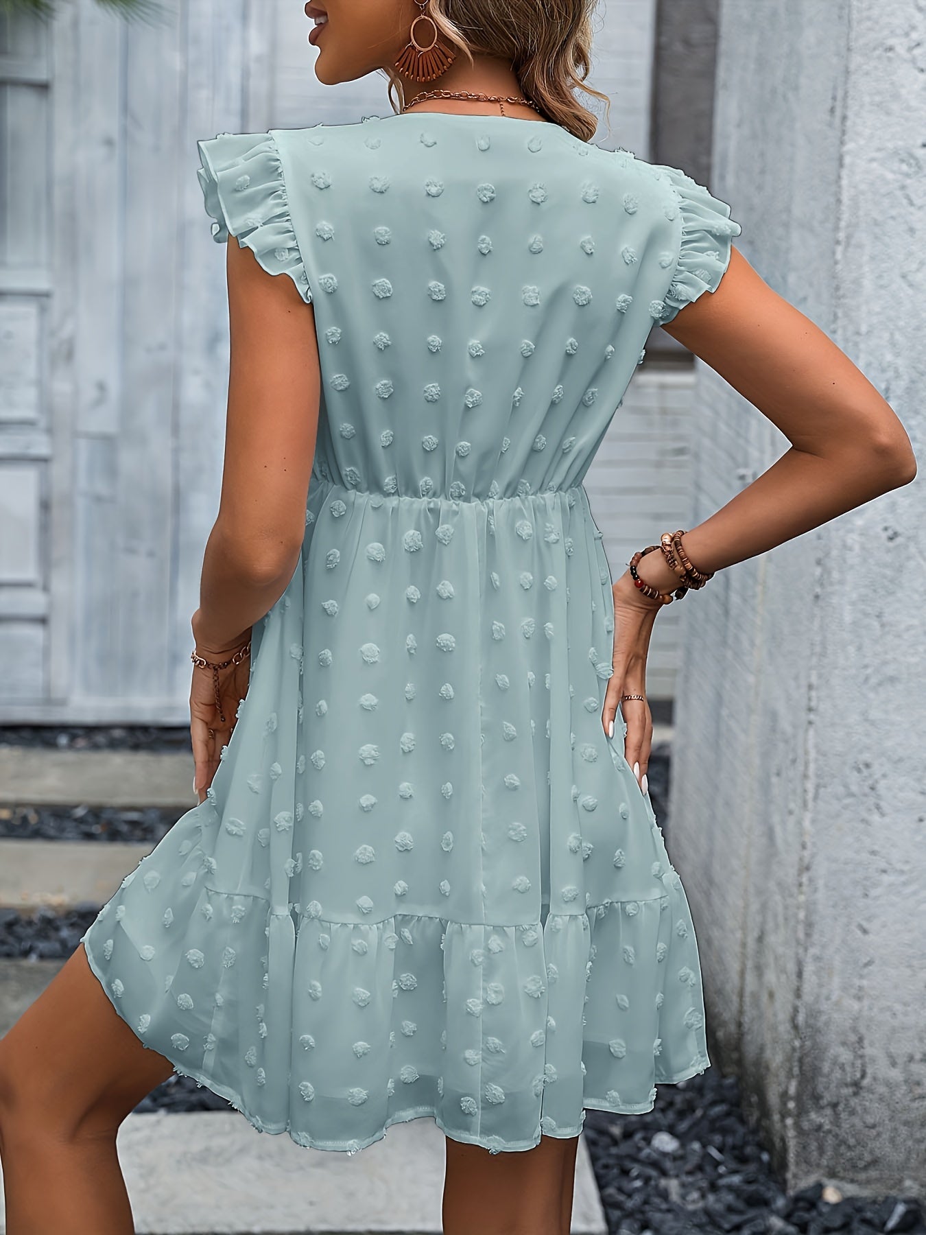 Sixsr Swiss Dot Ruffle Hem Dress, Elegant V Neck Dress For Spring & Summer, Women's Clothing