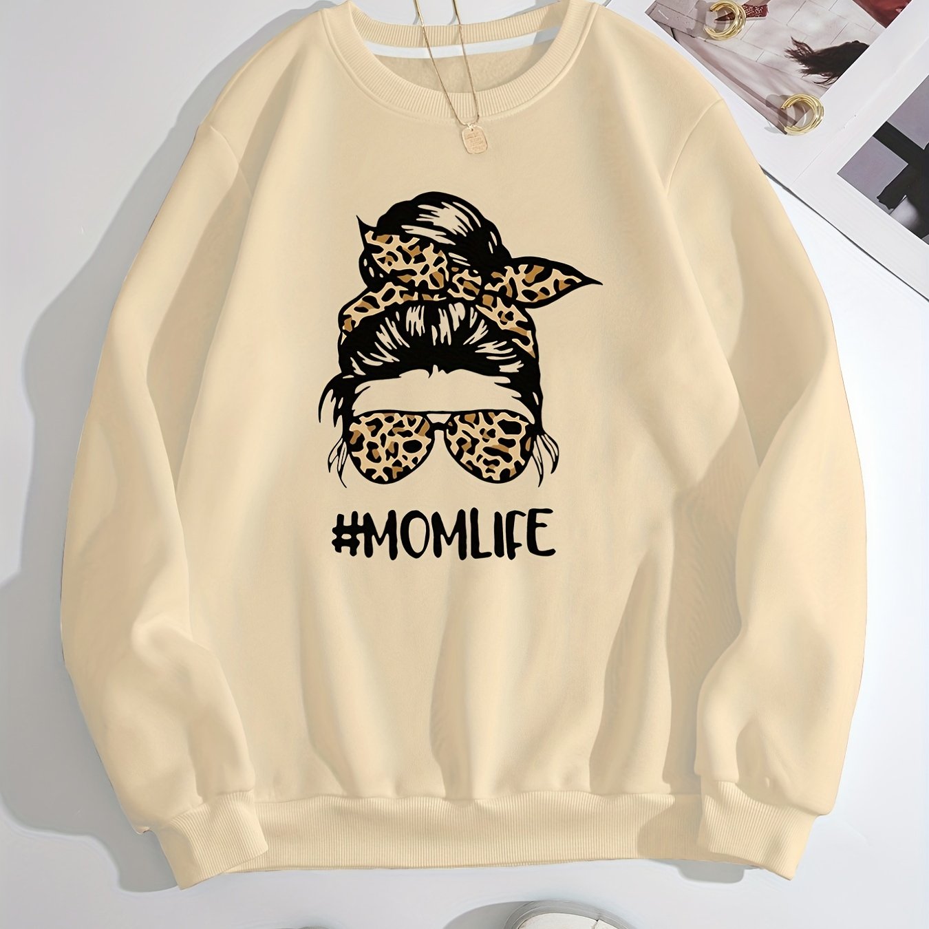 Sixsr Girl Graphic Print Solid Pullover, Crew Neck Long Sleeve Casual Every Day Sweatshirt, Women's Clothing