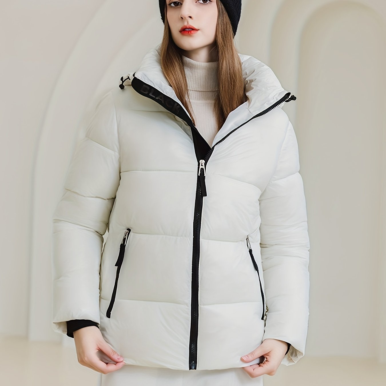 Sixsr Solid Zipper Front Hooded Coat, Versatile Long Sleeve Warm Winter Outwear, Women's Clothing