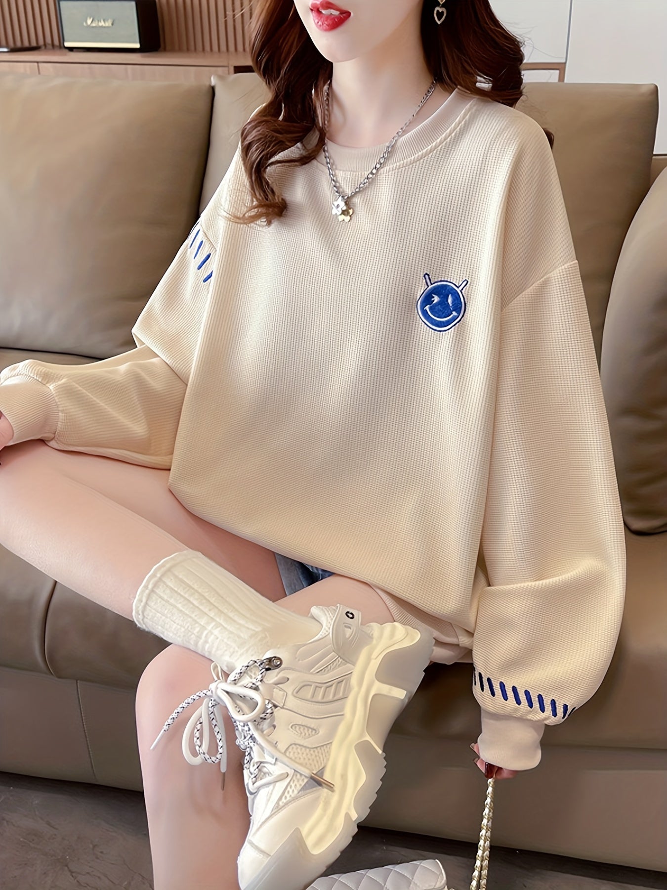 Sixsr Waffle Pullover Sweatshirt, Casual Long Sleeve Crew Neck Sweatshirt, Women's Clothing