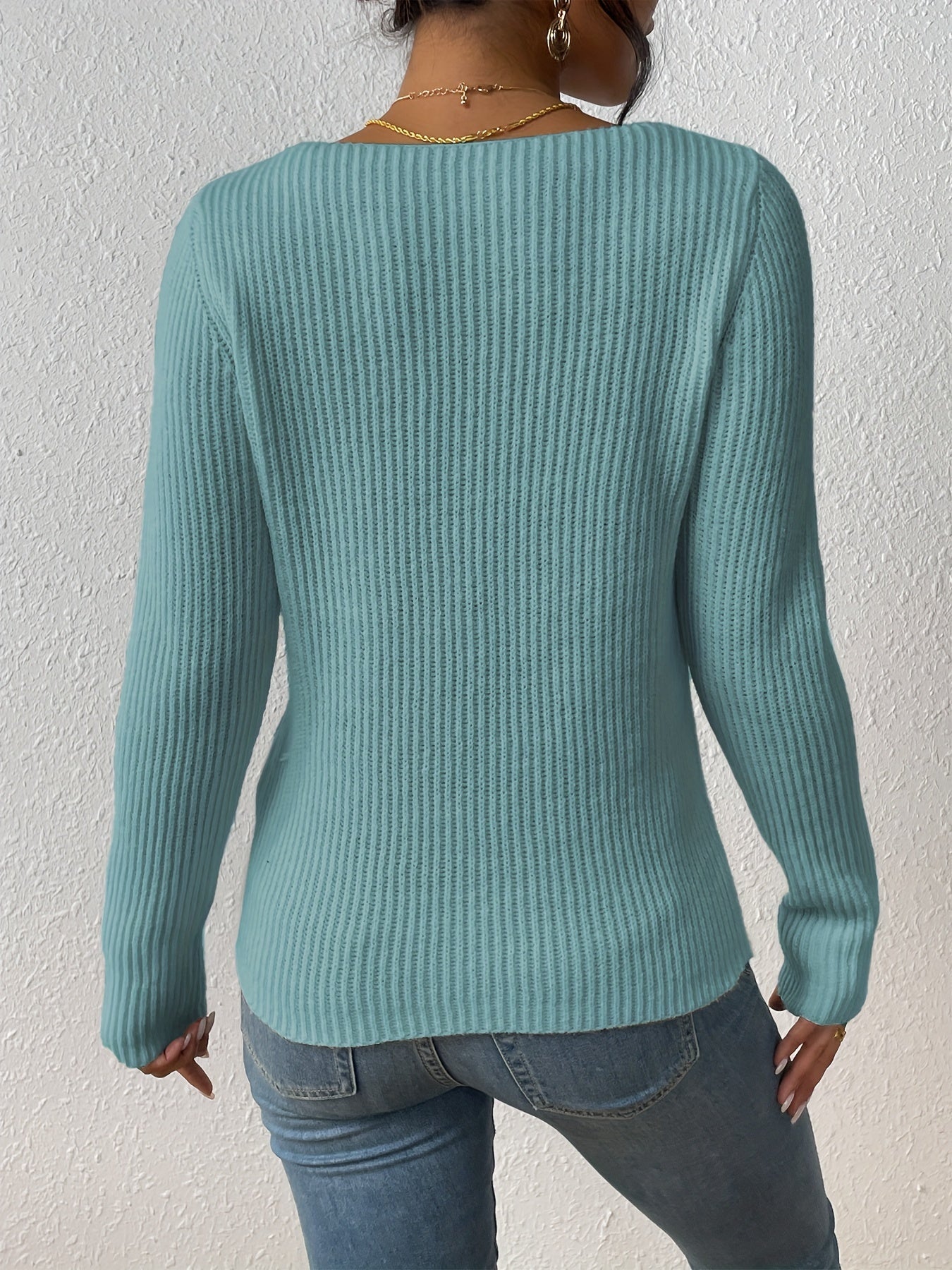 Sixsr Solid Rib Knit Sweater, Casual Long Sleeve V Neck Slim Sweater, Women's Clothing