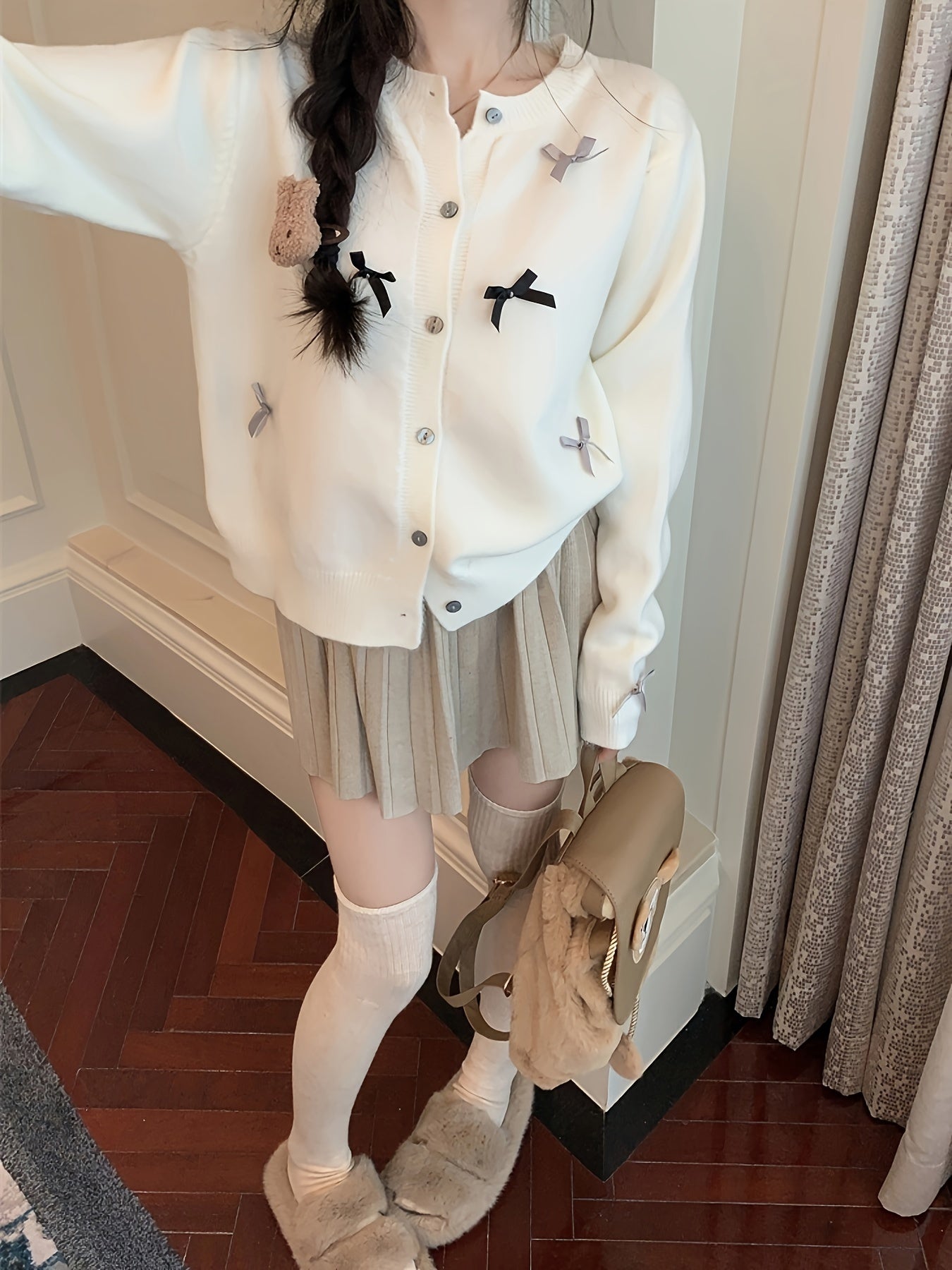 Sixsr Bow Decor Button Up Knit Cardigan, Casual Crew Neck Long Sleeve Sweater, Women's Clothing