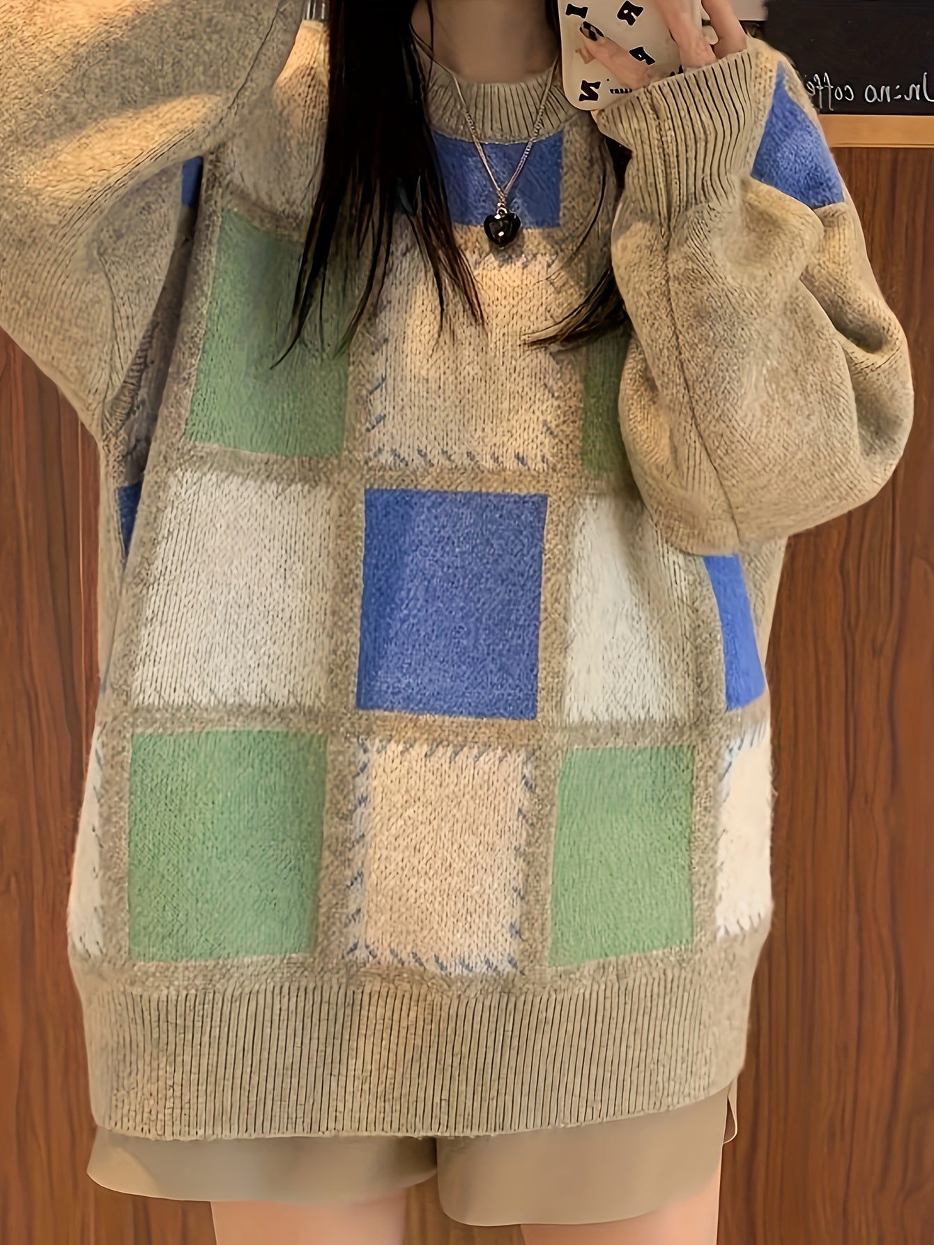 Sixsr Color Block Plaid Pullover Sweater, Casual Long Sleeve Crew Neck Sweater, Women's Clothing