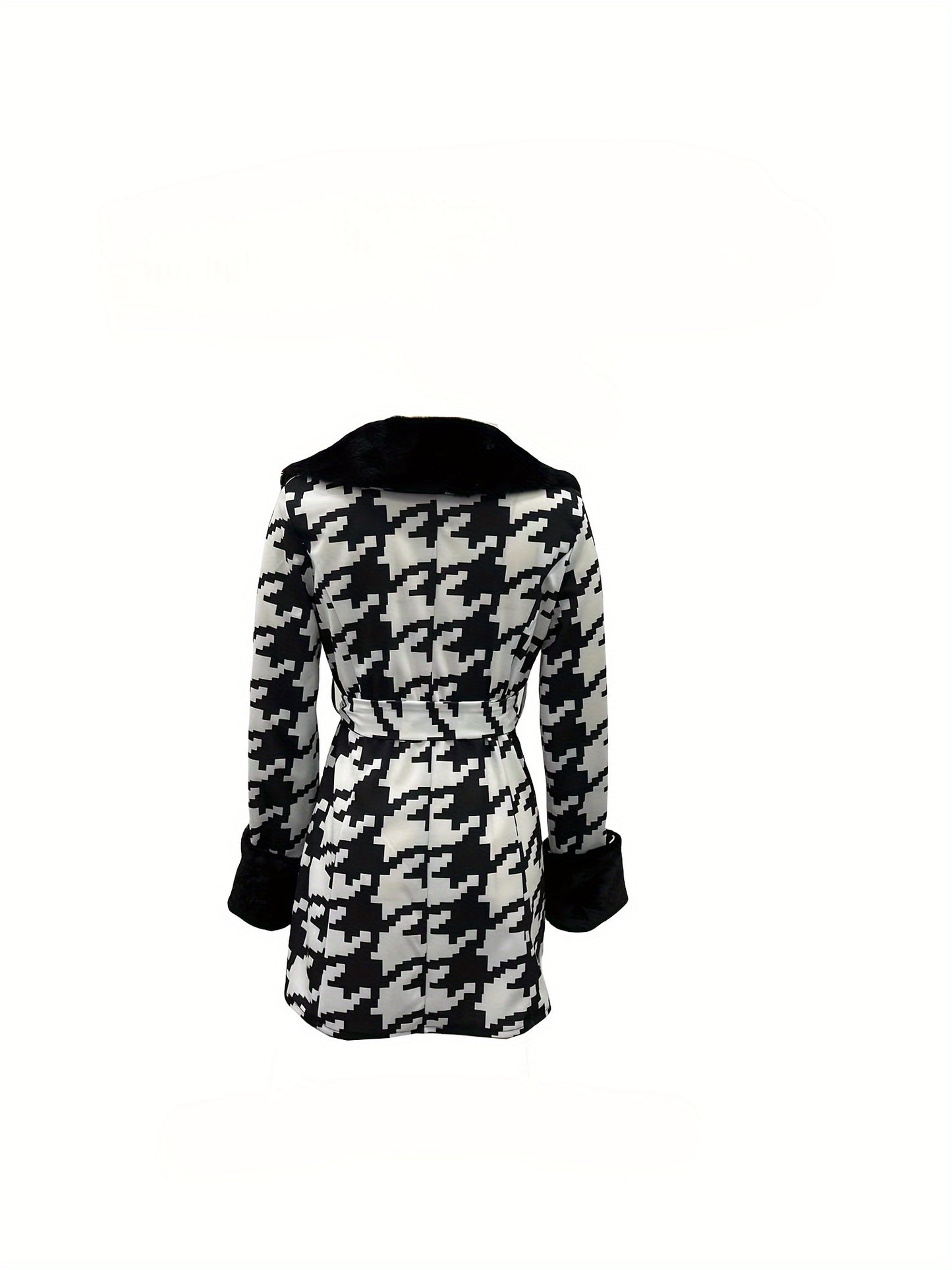 Sixsr Houndstooth Faux-Fur Trim Outwear, Elegant Double Breasted Long Sleeve Belted Coat For Winter, Women's Clothing