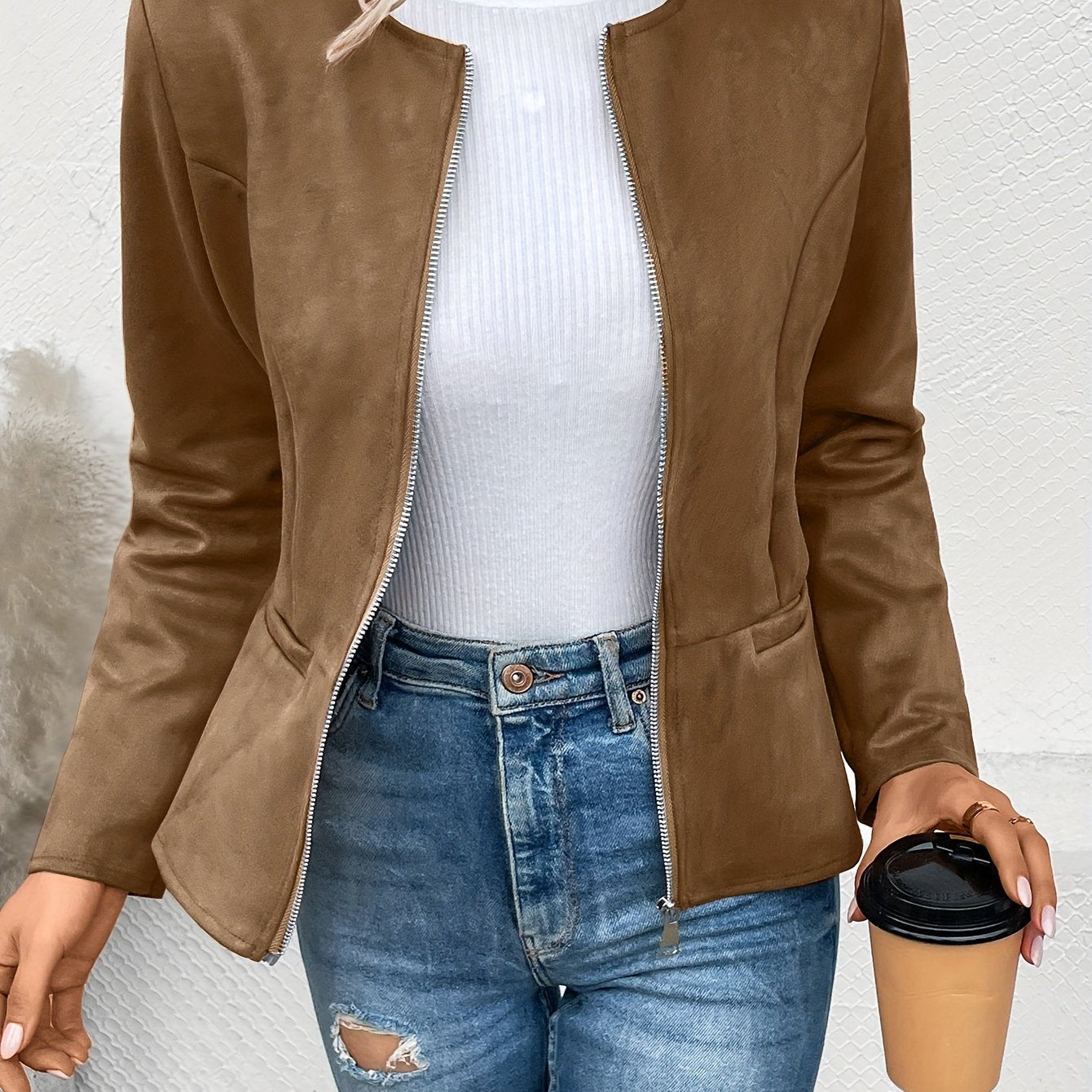 Sixsr Solid Zip Up Jacket, Casual Long Sleeve Crew Neck Outerwear For Spring & Fall, Women's Clothing