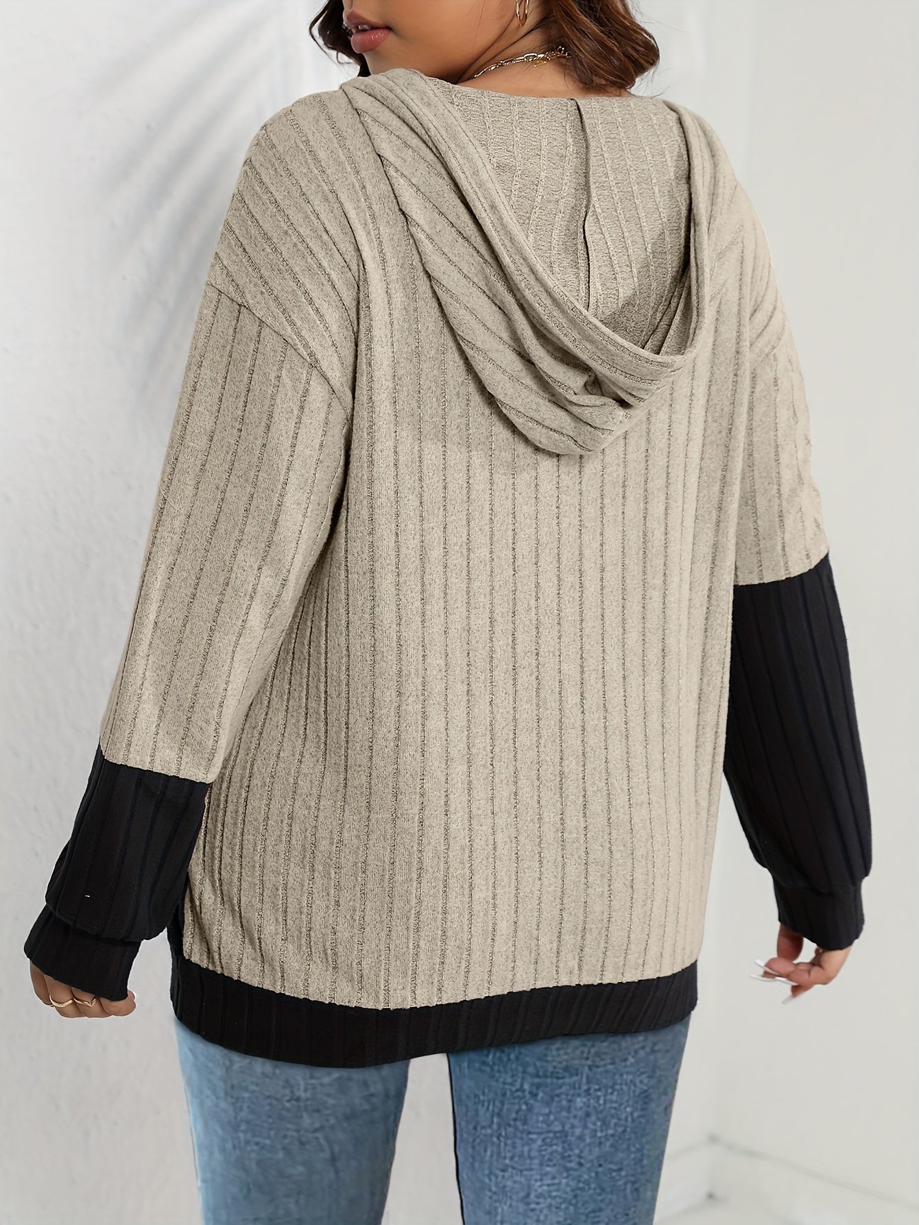 Sixsr Plus Size Casual Sweatshirt, Women's Plus Colorblock Zipper Long Sleeve Drawstring Hooded Sweatshirt