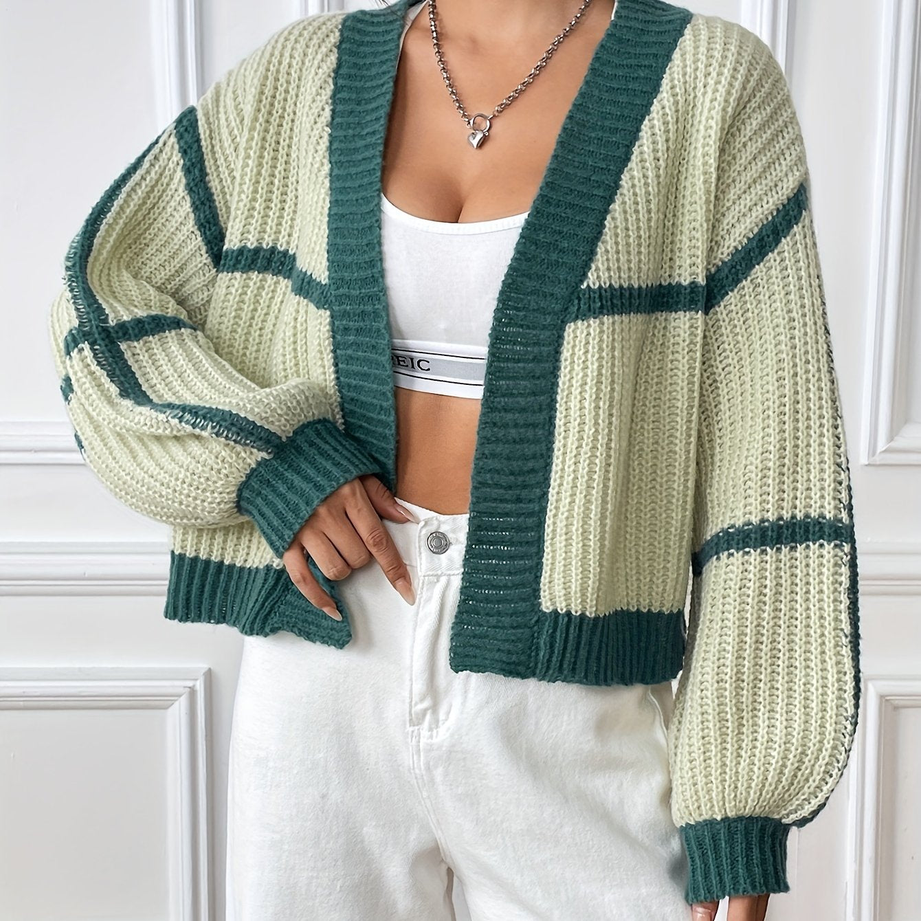 Sixsr Contrast Trim Simple Crop Knit Cardigan, Casual Open Front Lantern Sleeve Sweater, Women's Clothing