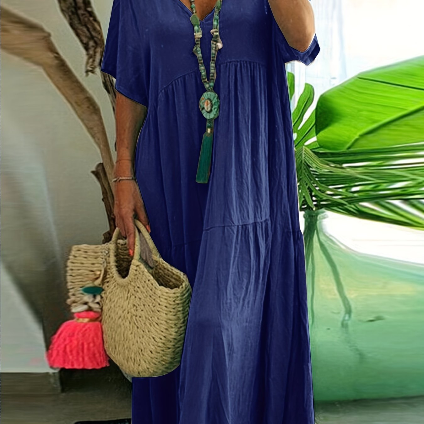 Sixsr Plus Size Casual Dress, Women's Plus Solid V Neck Short Sleeve Ruffle Trim Smock Dress