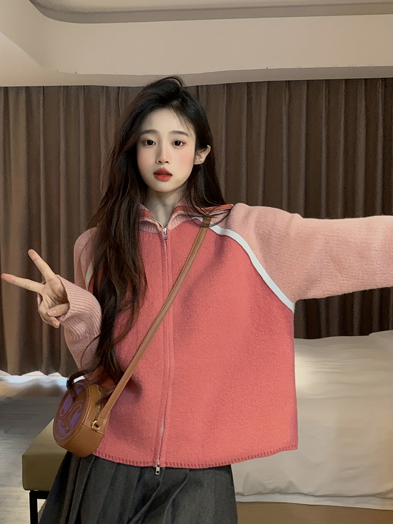 Sixsr Color Block Zip Up Cardigan, Long Sleeve Turtle Neck Outwear, Women's Clothing