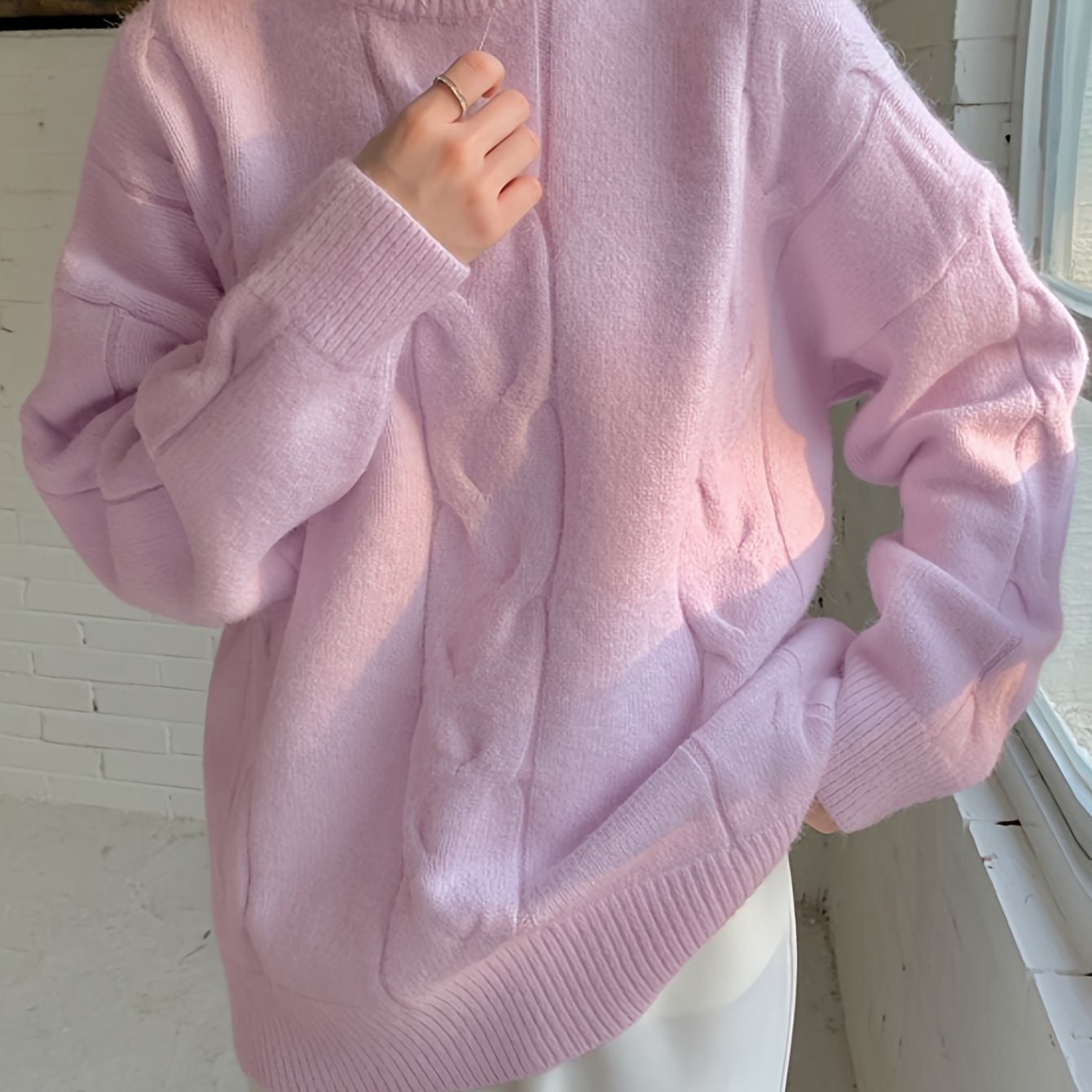 Sixsr Solid Cable Knit Loose Sweater, Casual Crew Neck Long Sleeve Sweater, Women's Clothing