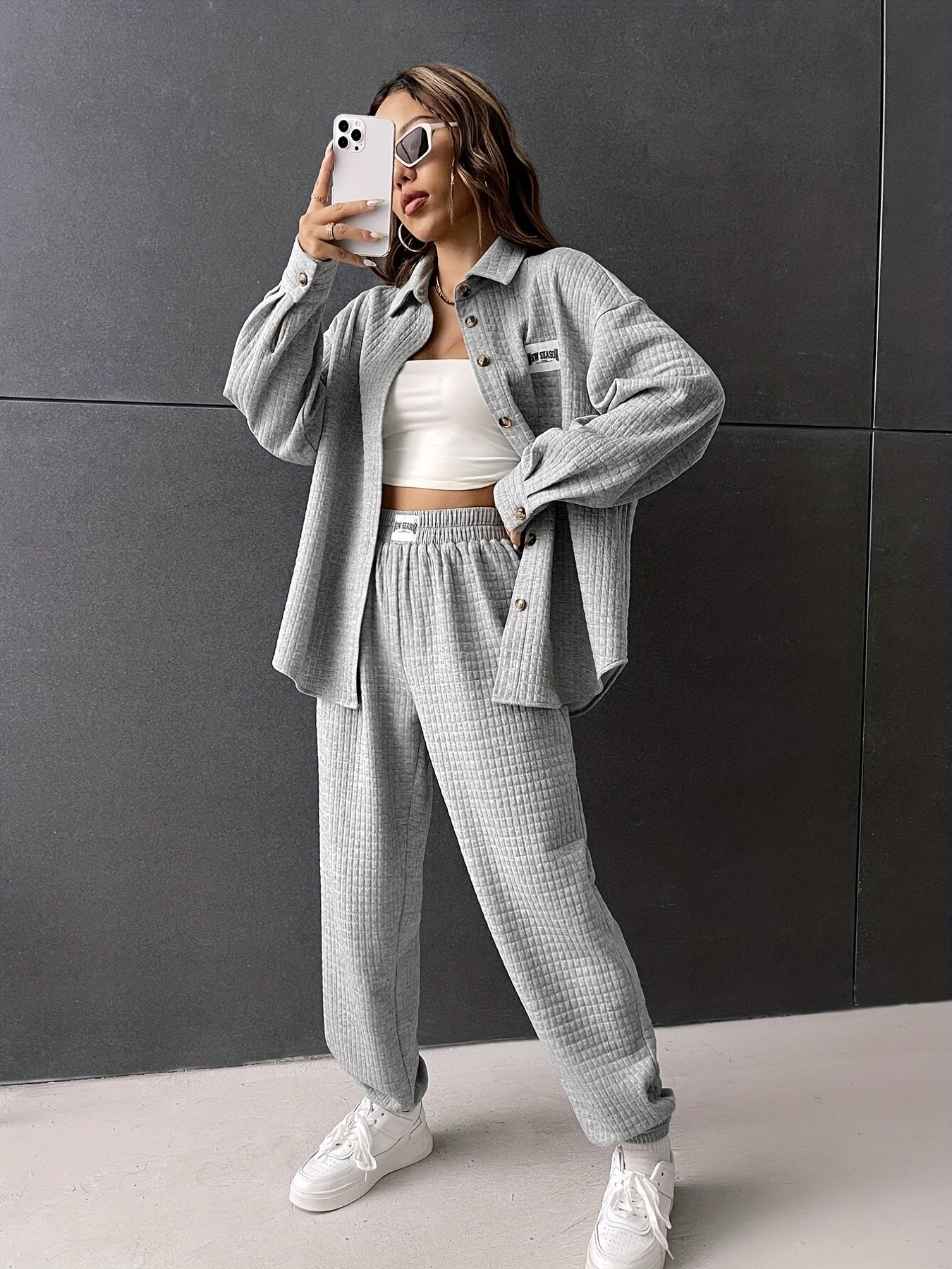 Sixsr Solid Casual Two-piece Set, Button Front Long Sleeve Shirt & Elastic Waist Jogger Pants Outfits, Women's Clothing